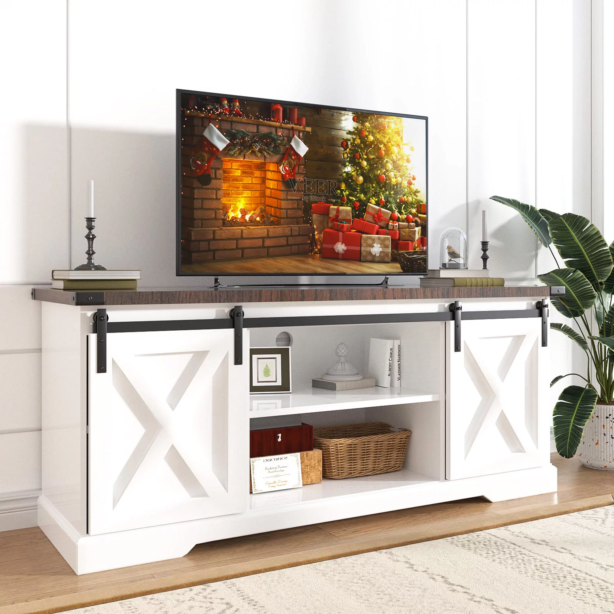 Chvans Farmhouse Barn Door TV Stand for up to 65 TVs /23 Electric Fireplace, Entertainment Center Console Table with Adjustable Shevles(58)