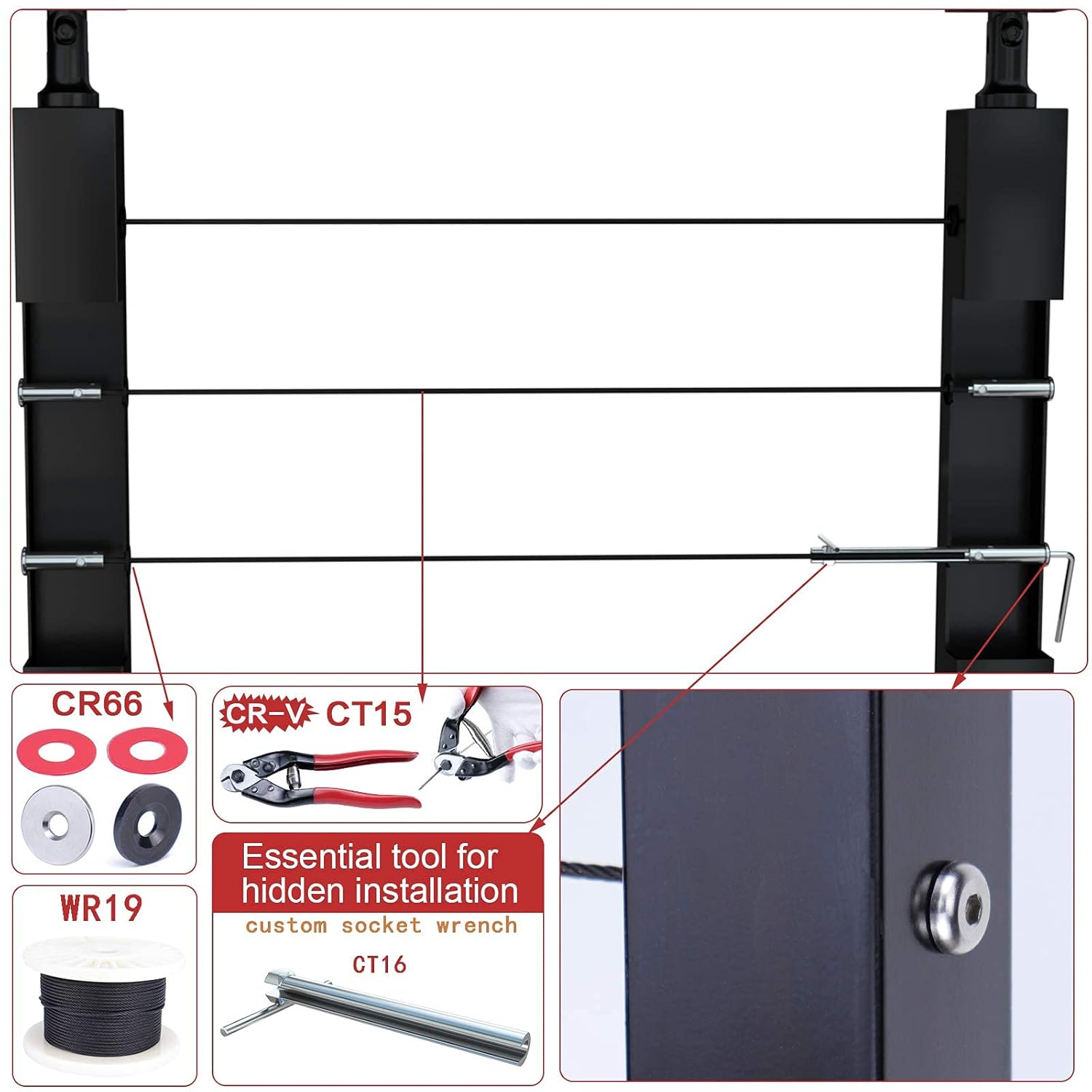 Muzata 40Set Cable Railing kit Invisible Swageless 1/8 Turnbuckle Tensioner Terminal Hidden Round Head for 2x2 Metal Post Deck Stairs SpaceSaver System CB07,CL1 CV1 CV2