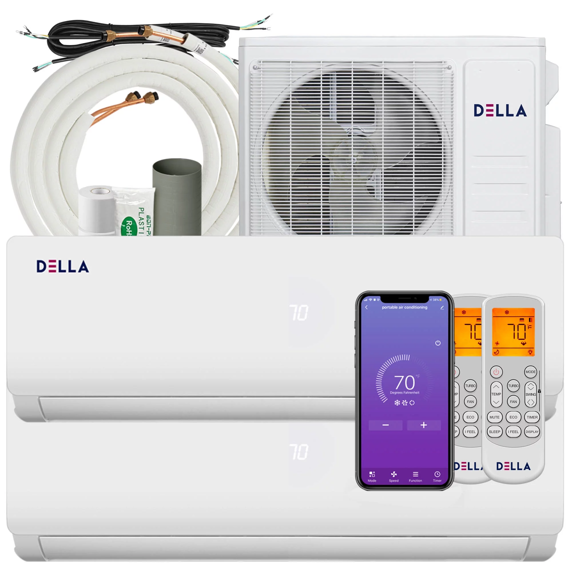 DELLA 18K BTU ODU 2 Zone 9000 12000 BTU 19 SEER 208/230V Cools Up to 950 Sq.Ft Wifi Energy Efficient Multi Zone Ductless Mini Split Air Conditioner Heat Pump Full Set with 16ft Installation Kits