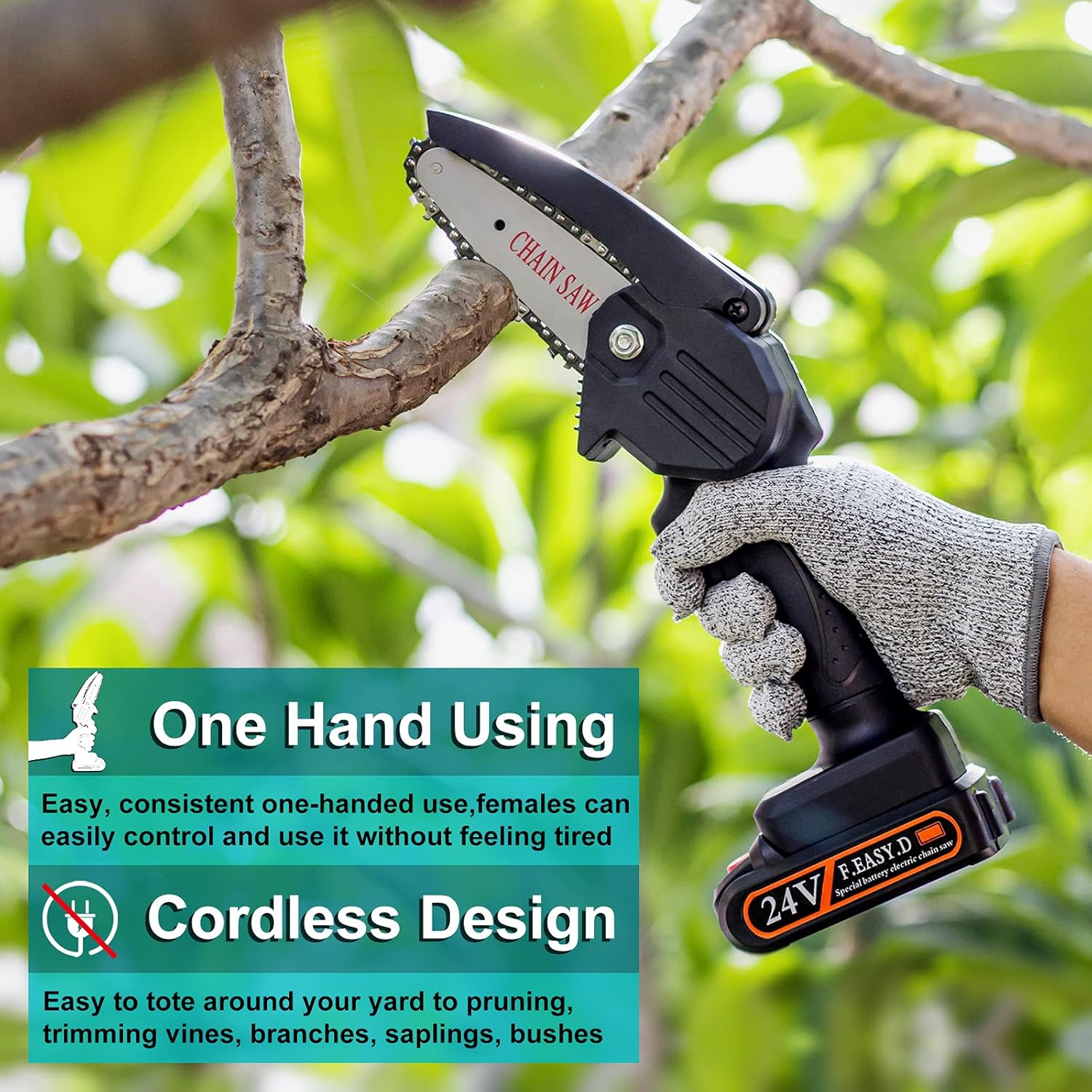 Mini Chainsaw Cordless Upgrade with 3 Chain 24V Strong Power 2 Batteries and Charger, OneLeaf Portable Handheld Battery Chainsaw , Small One-Handed for Gardening Pruning, Tree Trimming Pack of 2