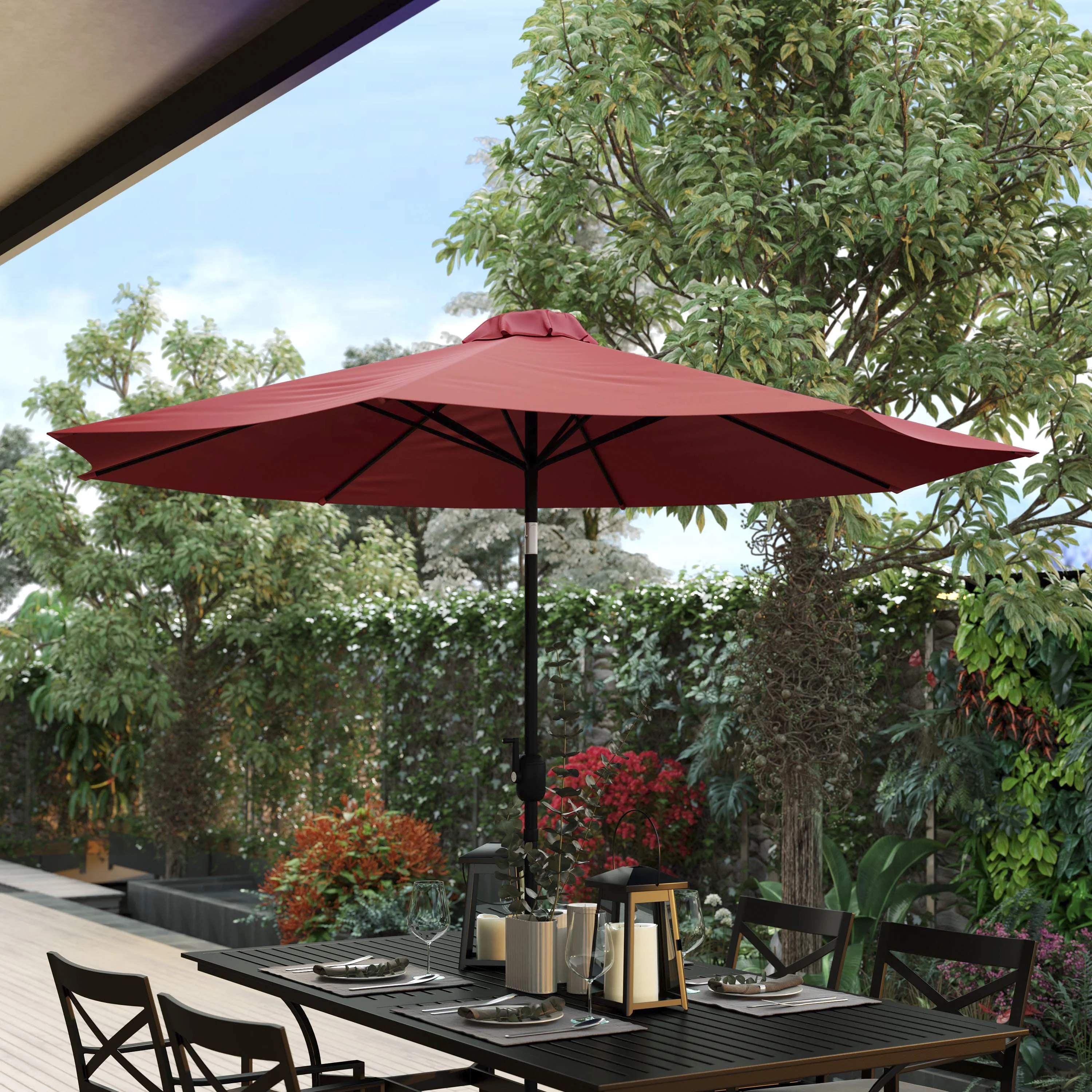 Flash Furniture Kona Red 9 FT Round Umbrella with 1.5" Diameter Aluminum Pole with Crank and Tilt Function