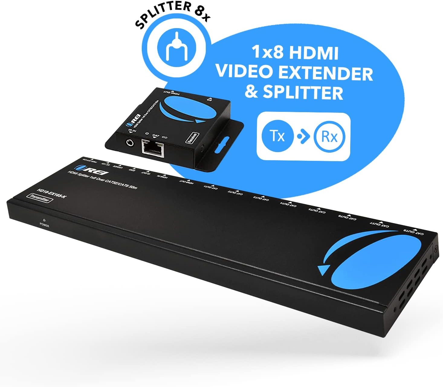 OREI 1x8 HDMI Extender Splitter Multiple Over Single Cable CAT6/7 1080P with IR Remote EDID Management - Up to 165 Ft - Loop Out - Low Latency - Full Support