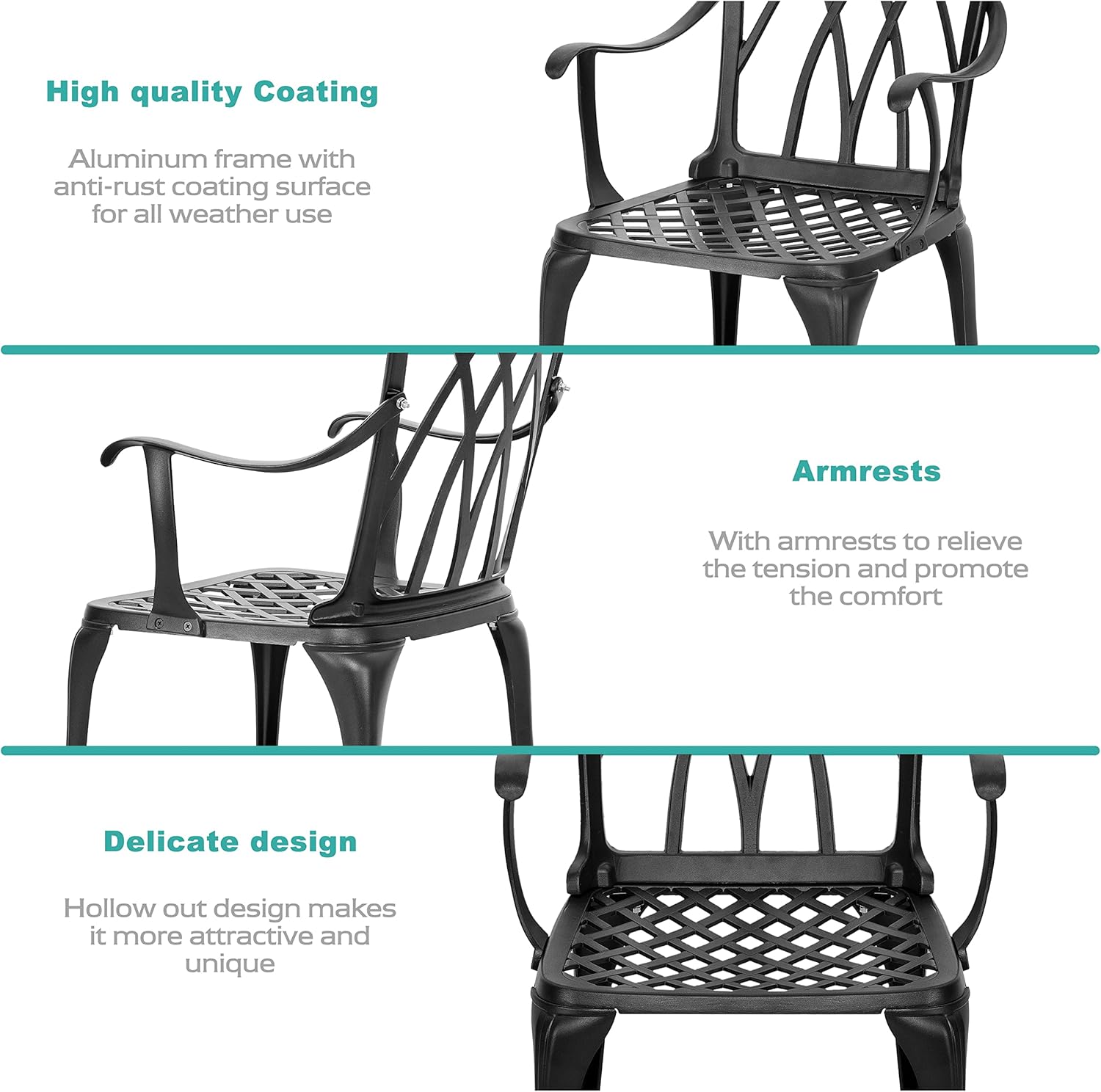 Nuu Garden 3 Piece Patio Bistro Sets Cast Aluminum Bistro Table Set Outdoor Patio Furniture with Umbrella Hole for Patio Balcony, Black