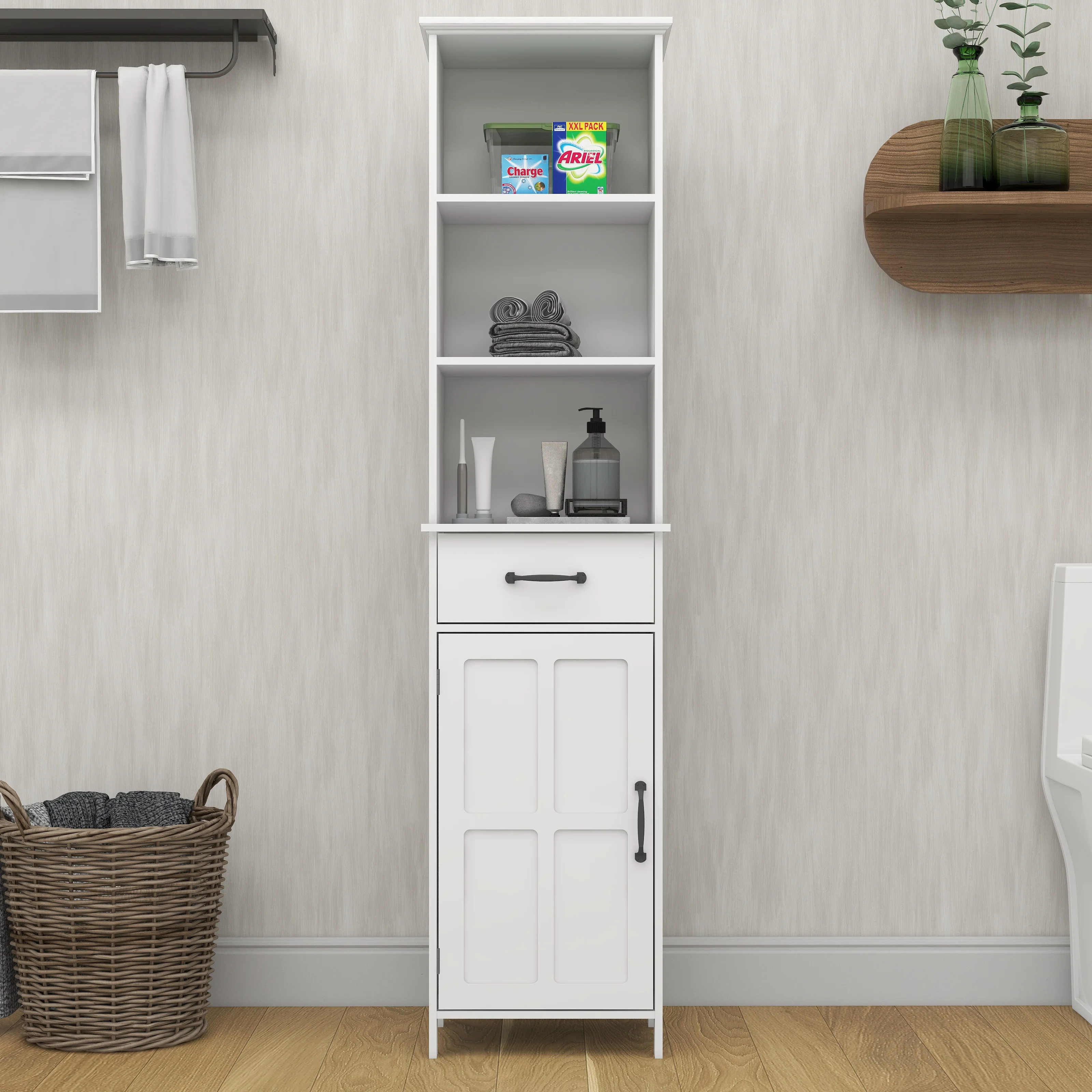 Tall Narrow Storage Cabinet, Bathroom Slim Floor Freestanding Cabinet with One Door for Bathroom, Bedroom and Living Room, White