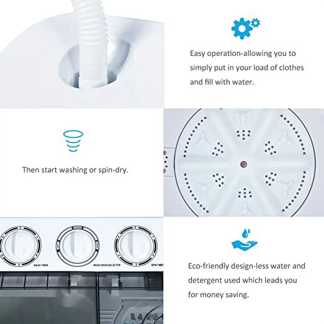 KUPPET Washing Machine, 21Ibs Portable Mini Compact Twin Tub Washer Spin Dryer, Ideal for Dorms, Apartments, RVs, Camping etc, White & Grey