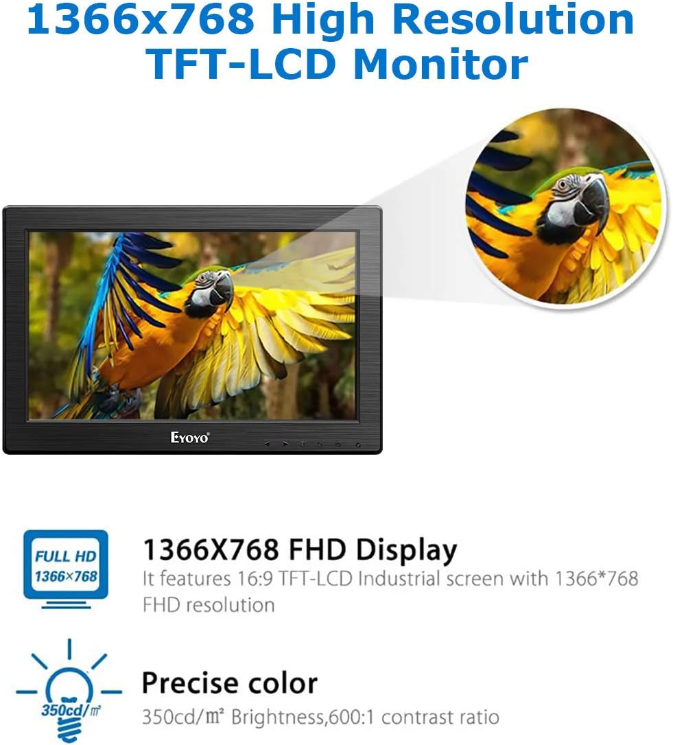 Eyoyo 12" Inch TFT LCD Monitor with AV HDMI BNC VGA Input 1366x768 Portable Mini HD Color Screen Display with Built-in Speaker