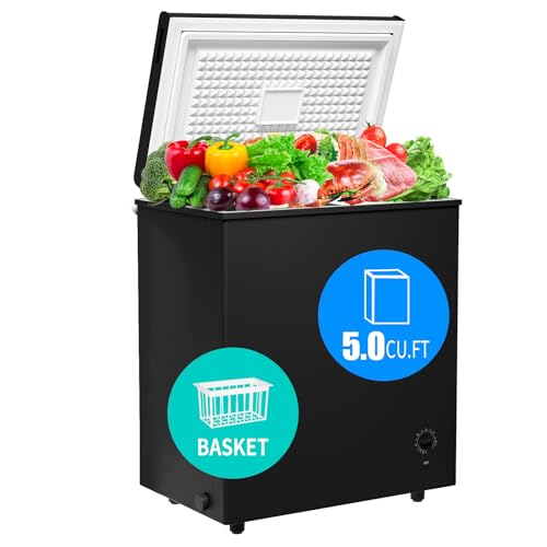 5.0 Cu.Ft Deep Freezer, Chest Freezer with 7 Level Adjustable Temperature, Freestanding Mini Freezer with Removable Storage Basket, Small Freezer Chest with Top Door, Energy Saving, Low Noise