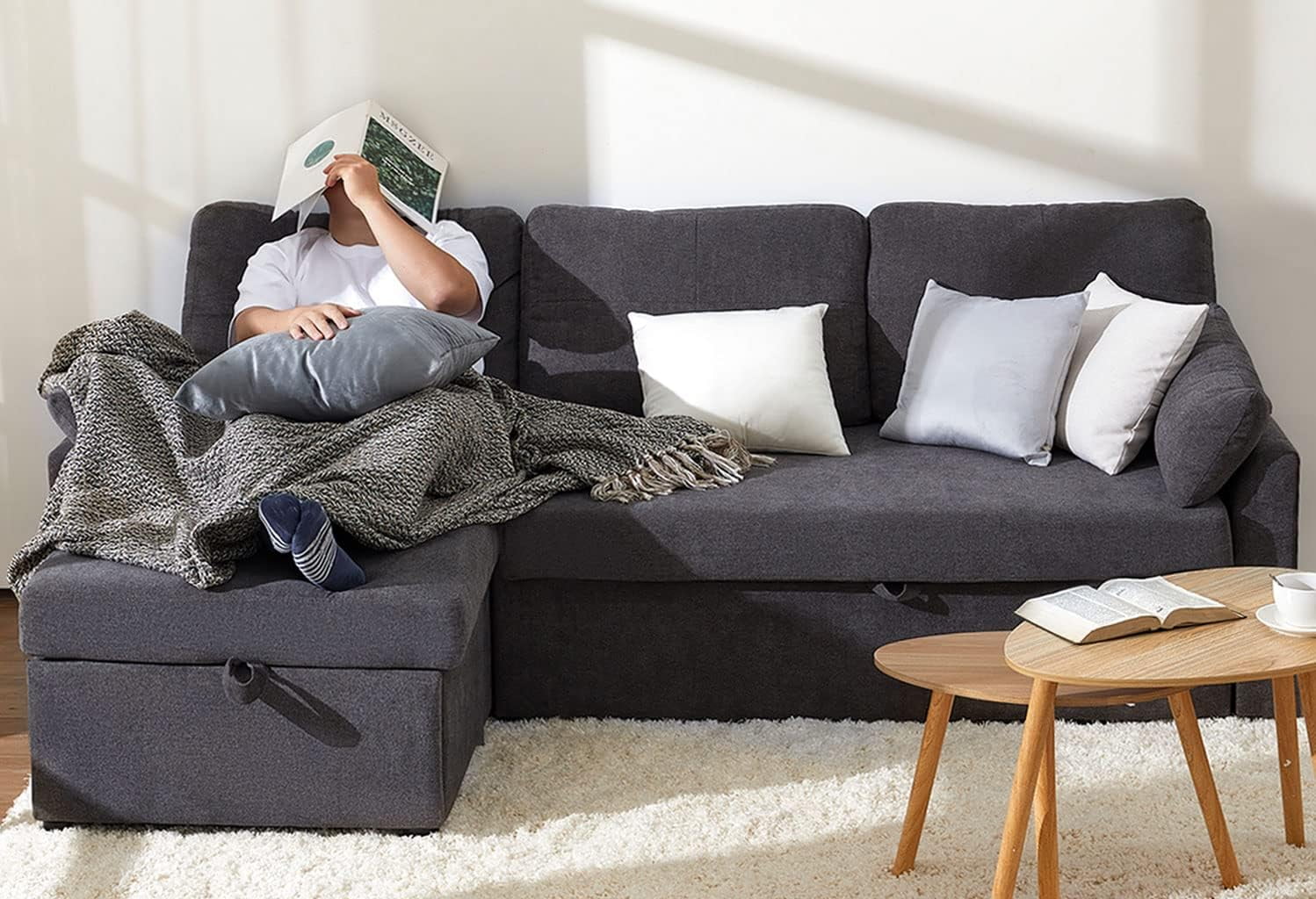Papajet Sofa Bed, Sleeper Sofa with Storage Chaise, Pull Out Couch for Living Room- Gray Chenille