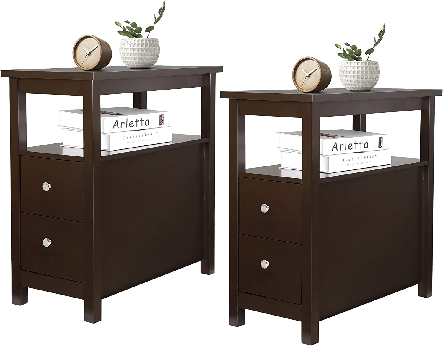 Side Table Set of 2 Chairside Table Narrow End Table with  Shelf and Drawers Small End Table for Bedroom Living Room Kitchen Wood Espresso