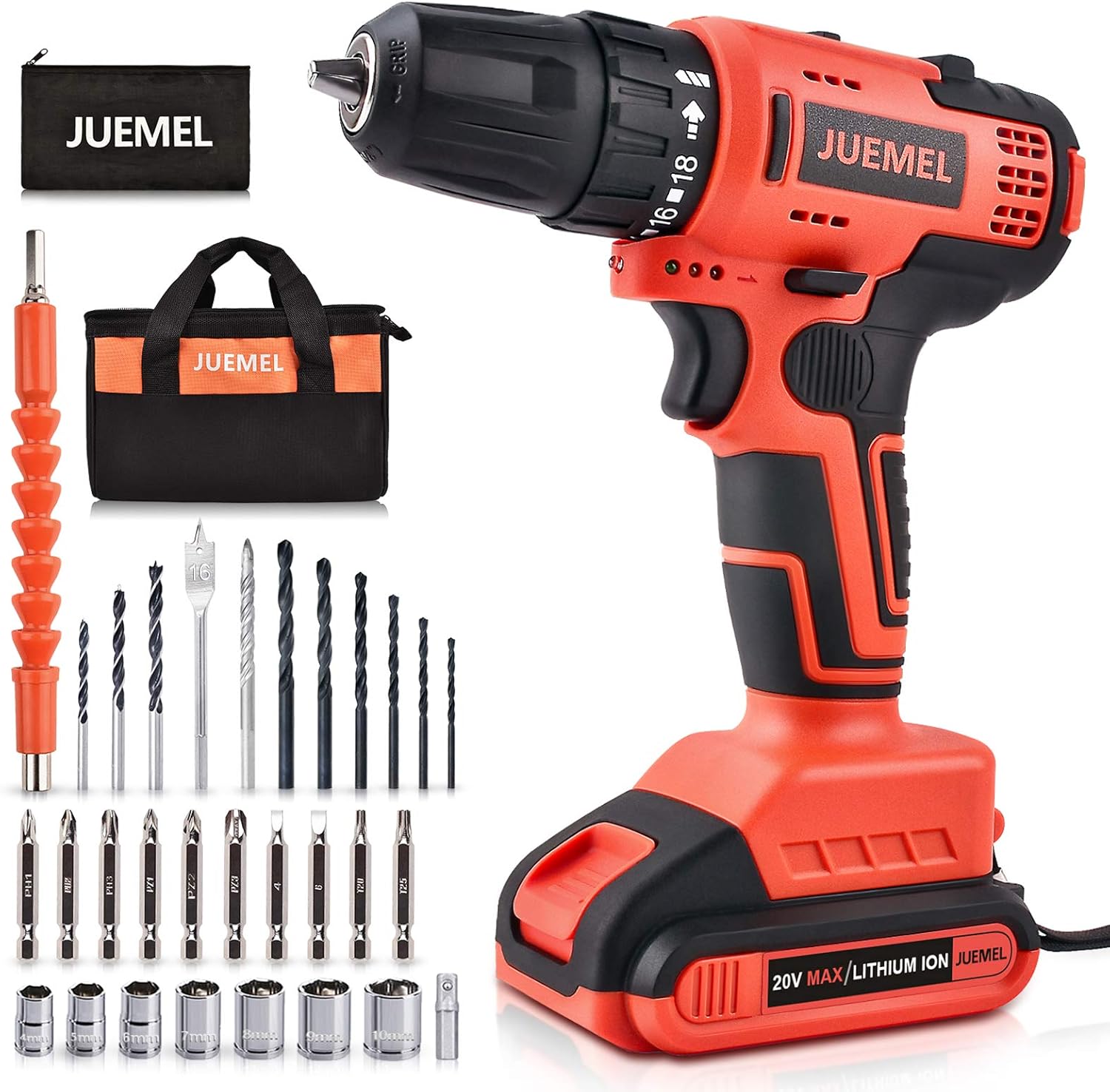 20V MAX Cordless Drill with 2 Batteries & Charger, Power Drill Set for Home with 3/8 inches Keyless Chuck, Infinitely Variable Speed Control, and 30pcs Electric Drill/Driver Bits Accessories Pack of 2
