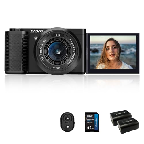 Ordro G730 5K Digital Camera for Photography 64MP Autofocus AF/MF Point and Shoot Camera Vlogging Camera, 12X Optical Zoom 3.2” 270°LCD Flip Screen Compact Camera (Black)