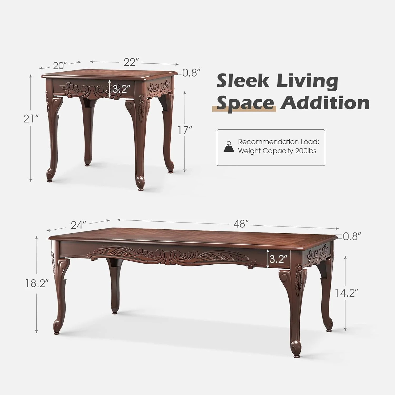 Modern 3 Piece Coffee Table Set, Wood Farmhouse Living Room Table Set Of 3, Includes 1 Rectangular Coffee Table & 2 Square End Tables With Carving Pattern, Espresso