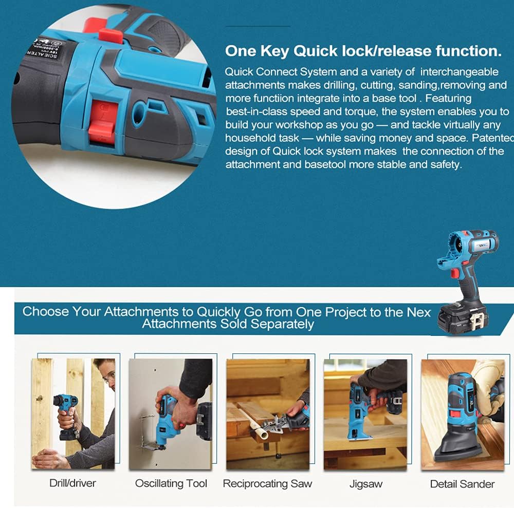 NEWONE 20V MAX Power Tool Combo Kits with Case, 4-Tool Attachments Drill, Reciprocating saw, Oscillating tool, Sander With Accessoreis For Cutting, Scraping, Moving, Drilling and Sanding