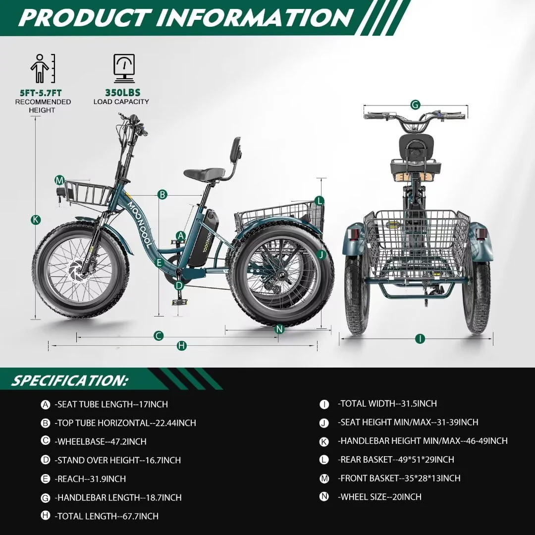 NAIZEA 20 Electric Trike Tricycle for Adults, 7 Speed Fat Tire Electric Trike, 3 Wheels Bike for Adults with Front and Rear Baskets, Lithium Battery UL Certified