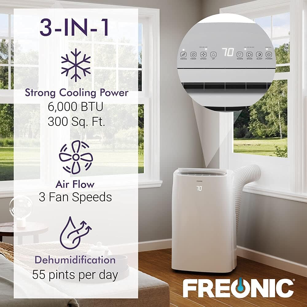 6,000 BTU Portable Air Conditioner | AC for Rooms up to 300 Sq.Ft. | LED Display | 24H Timer | Auto-Restart | Sleep Mode | Dehumidifier | White | FHCP061AKR