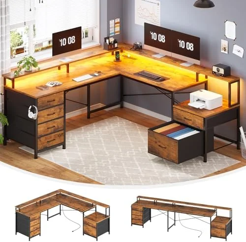 RUNFAYBIU L Shaped Desk with 6 Drawer  108" Home Office Desk with File Drawer &amp; Power Outlet  Corner Computer Desk with Monitor   File Cabinet  Two Person Desk  Gaming Desk with L
