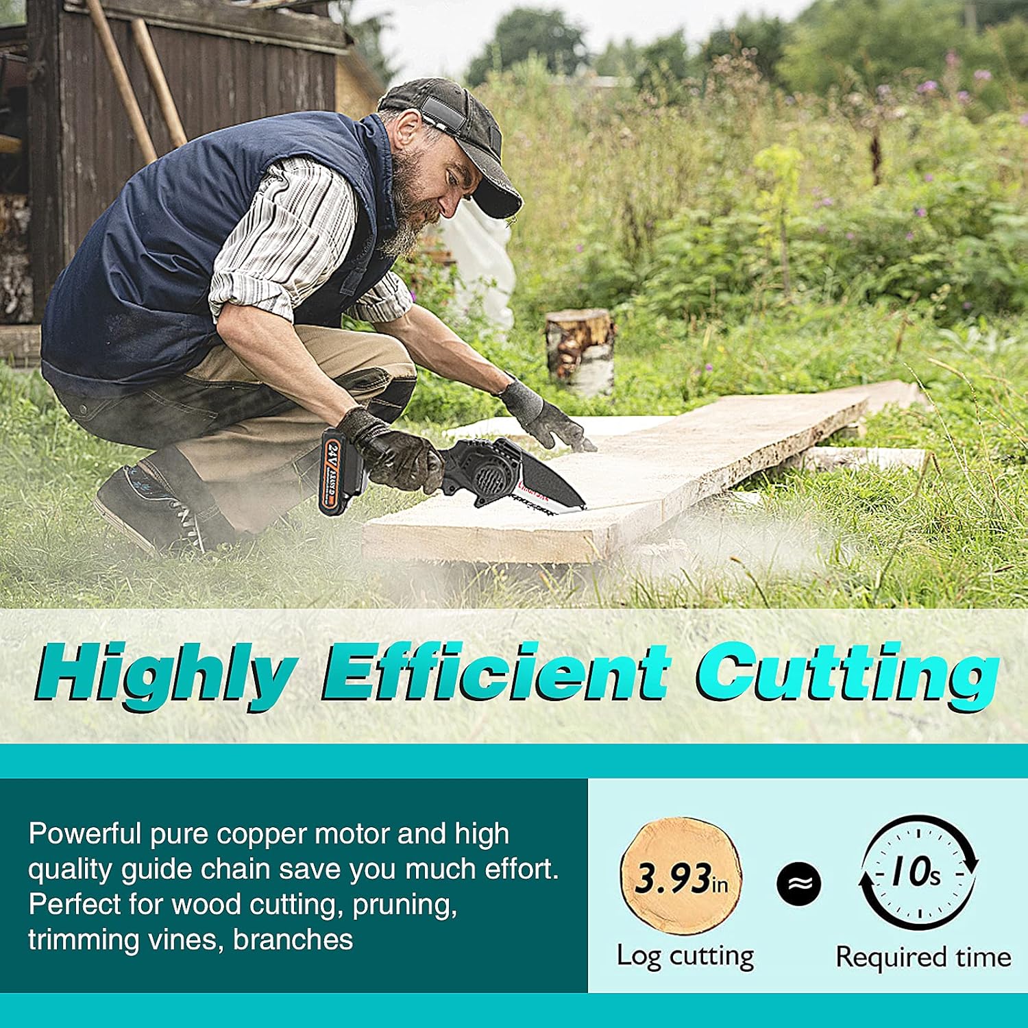 Mini Chainsaw Cordless Upgrade with 3 Chain 24V Strong Power 2 Batteries and Charger, OneLeaf Portable Handheld Battery Chainsaw , Small One-Handed for Gardening Pruning, Tree Trimming Pack of 2