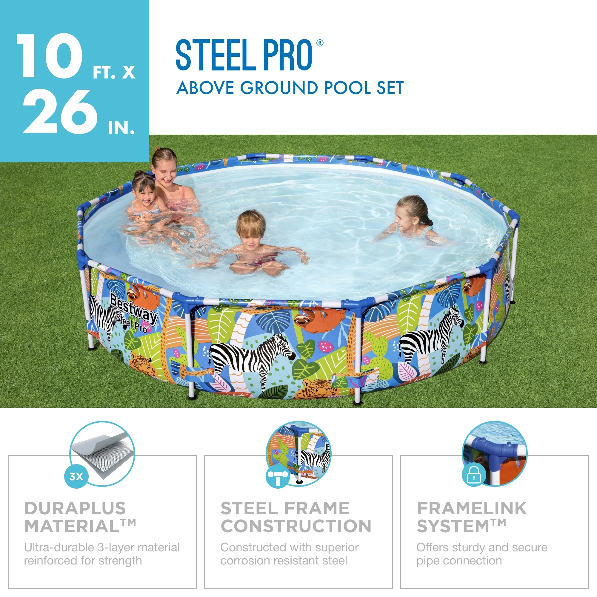 Bestway Steel Pro 10 ft. x 26 in. Round Metal Frame Above Ground Pool, Animal Print