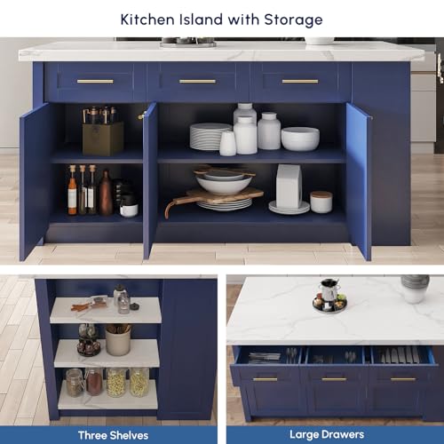 homary 72'' Kitchen Islands with Storage Modern White Kitchen Table with Seating & 3 Drawers Dining Table