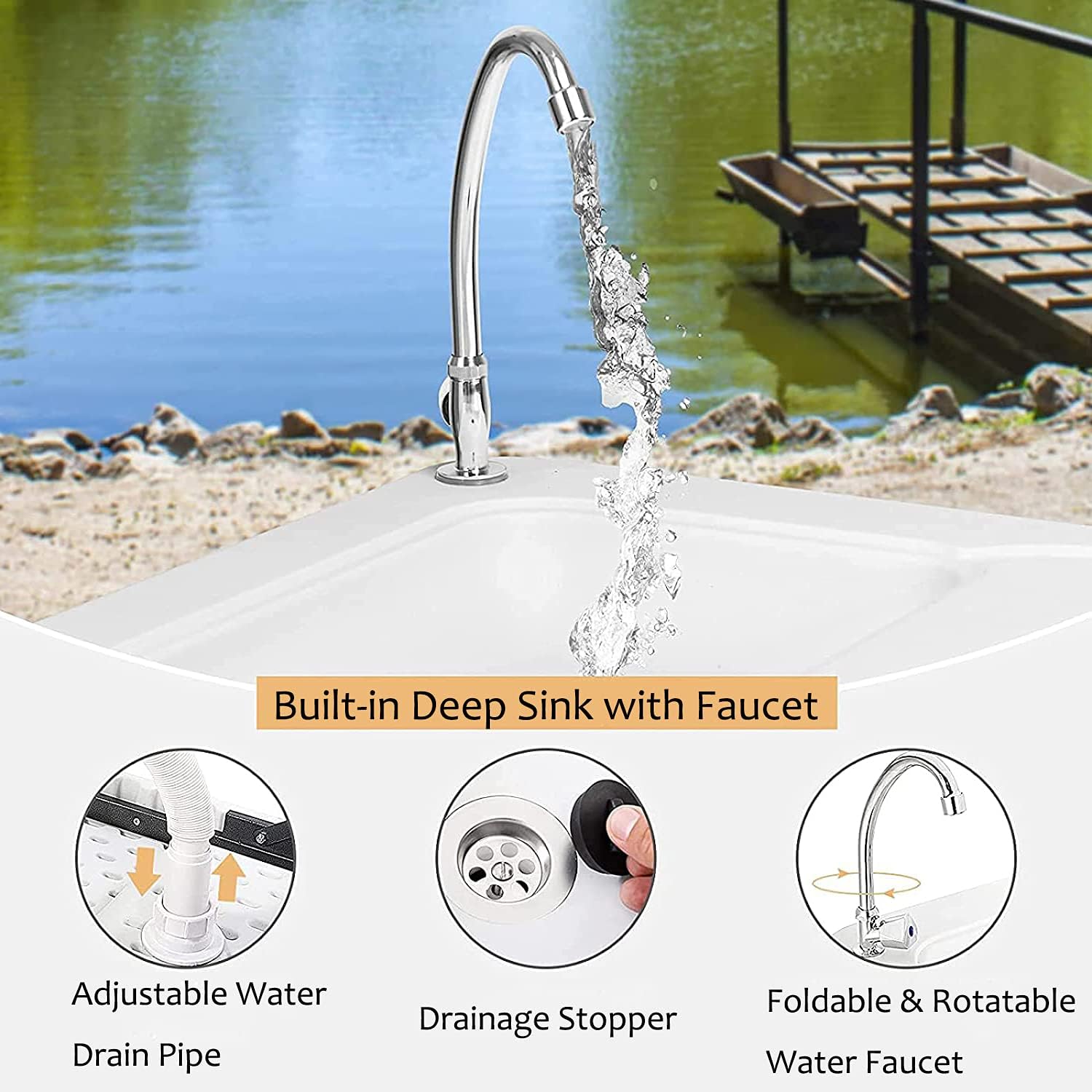 Portable Fish Cleaning Camping Table W/Sink & Faucet, Folding Lightweight & Adjustable Filet Workbench, Outdoor Kitchen Cooking Wash Hand Station for Picnic, Beach, RV, Grill, BBQ