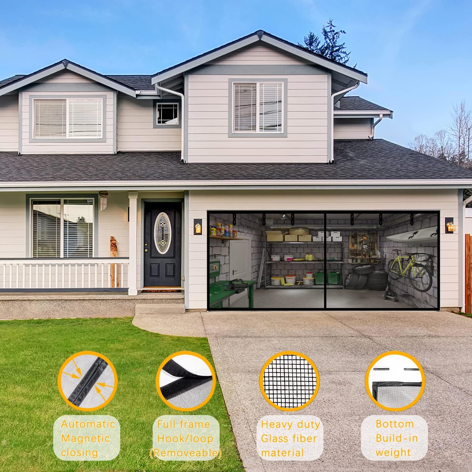 Fiberglass Magnetic Garage Screen Door - Double 16x7ft (2 car) Hands Free Mesh Screen Door，DIY Retractable Garage Door Screen with 6 Roll Up Starps，Easy to Install (16*7FT) Pack of 2