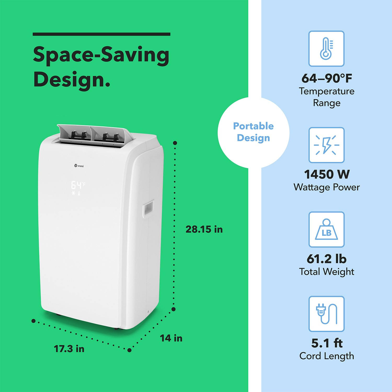 Vremi 12,000 BTU Portable Air Conditioner - Conveniently Cools Rooms 350 to 500 Square Feet - LED Display, Auto Shut-Off, Remote