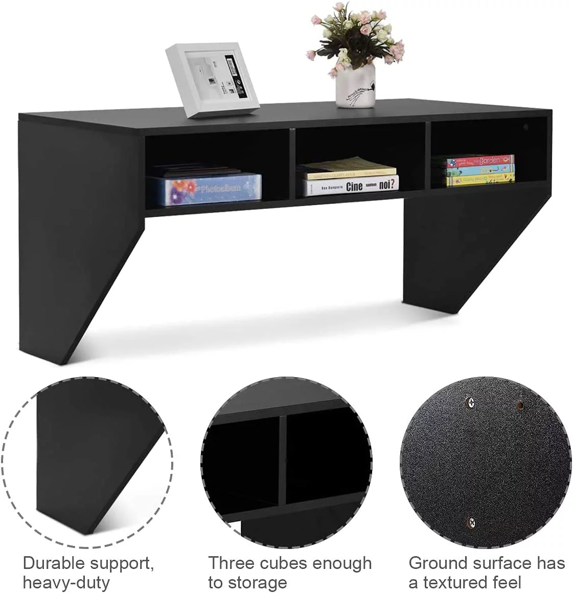 Wall Mounted Desk Floating Computer Desk, Writing Study Table W/3 Storage Shelves, Laptop PC Table for Living Room, Bedroom, Office (Black)
