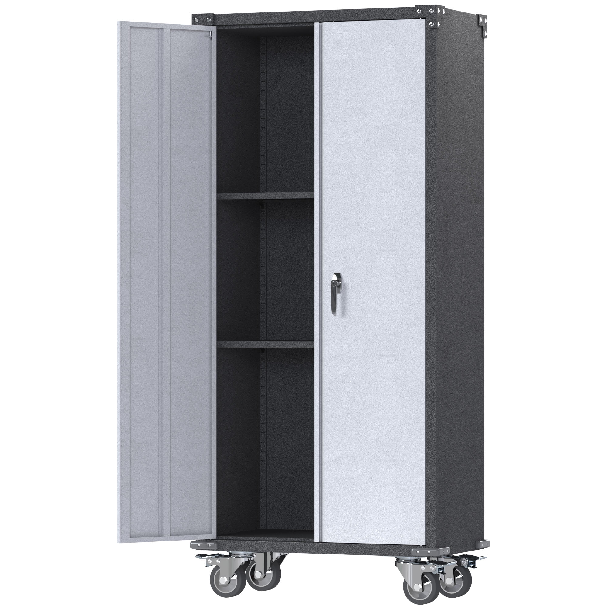 GangMei Metal Rolling Storage Cabinet with Hanging Rod, Large Steel Utility Tool Storage Cabinets with 2 Shelves & Locking Doors, Garage Cabinets for Tool Storage, Assemble Required