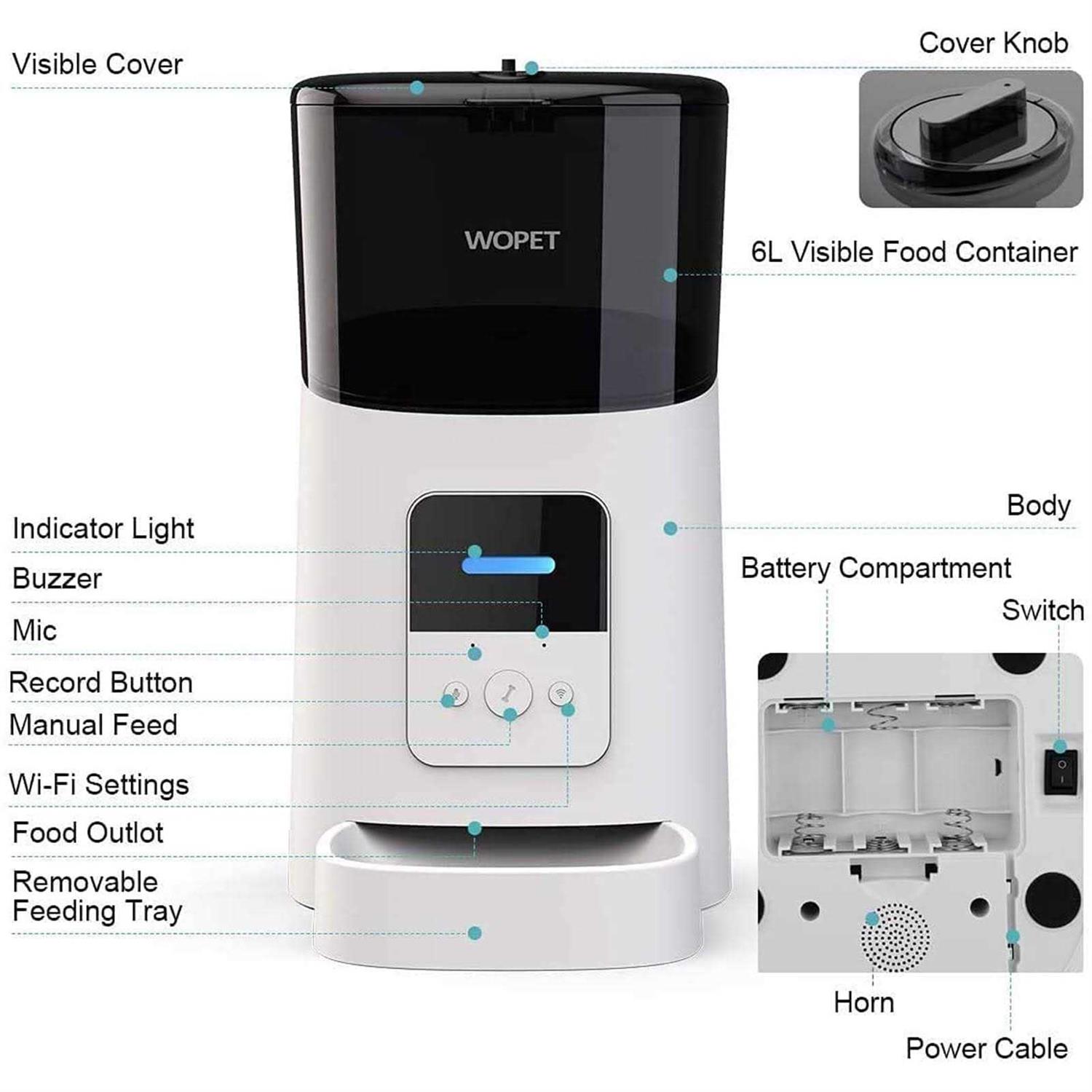Wopet Automatic Dog Feeders, Wi-Fi Enabled Smart Cat Feeders, Cat Food Dispenser, Distribution Alarms and Voice Recorder Up to 15 Meals per Day - Pet Supplies online store