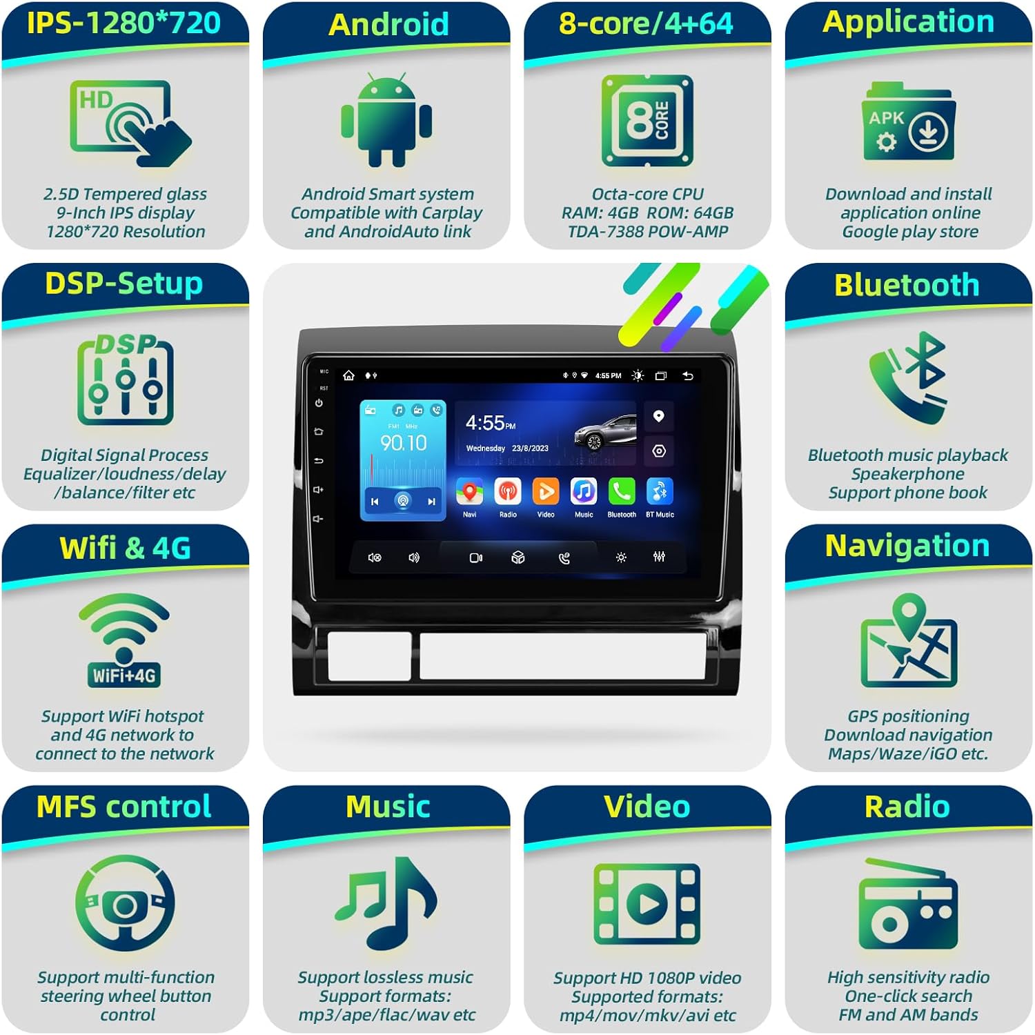 for Toyota Tacoma 2005-2015 Upgrade Android Radio Compatible with Wirelessly Carplay Android Auto Car Stereo Bluetooth Navigation TouchScreen GPS 8core 4GB RAM 64GB Head Unit Multimedia Player