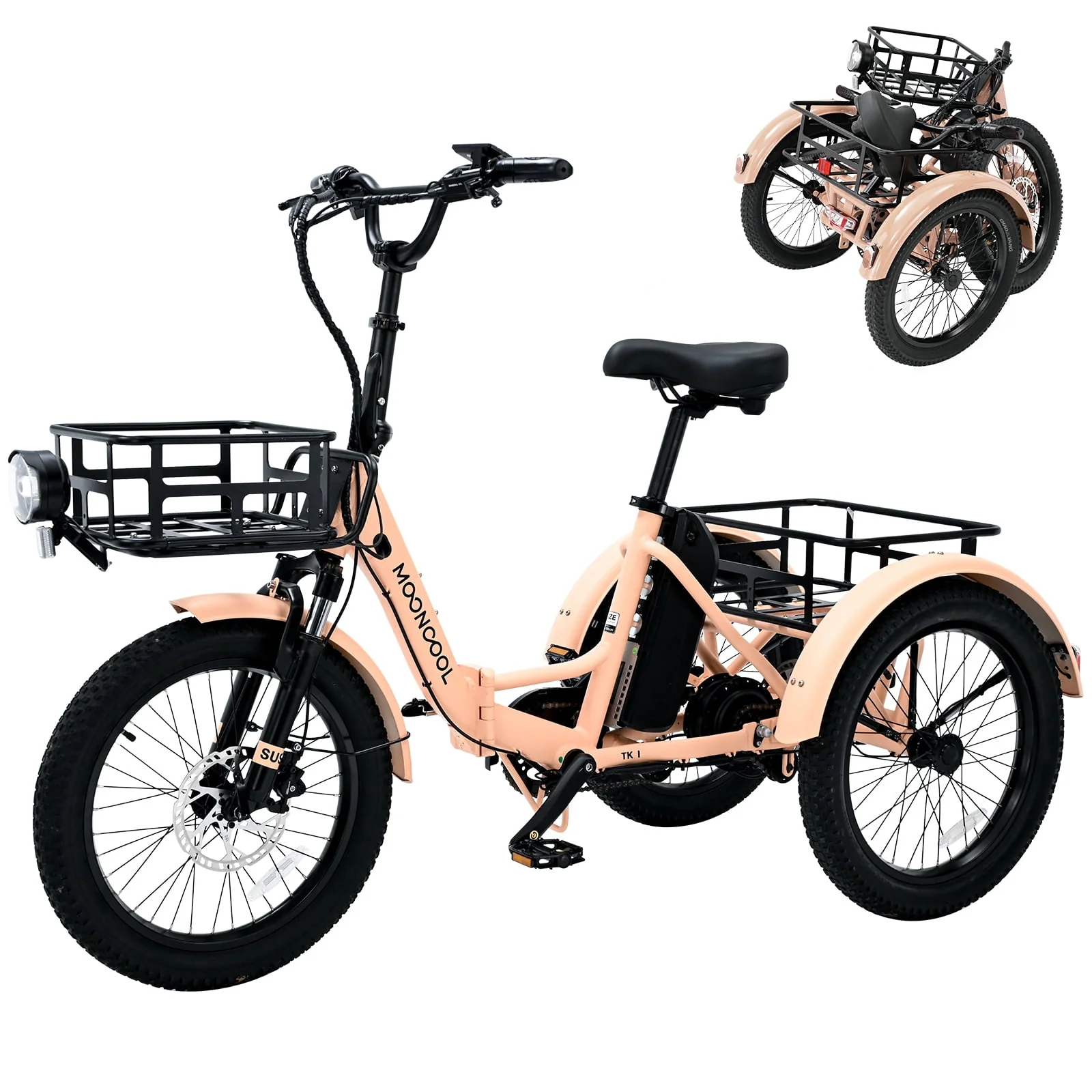 MOONCOOL 24/26 Electric Tricycle for Adults, 350W 36V 7 Speeds Electric Trike Motorized Three Wheel Electric Bikes Bicycle with Large Basket for Women Men