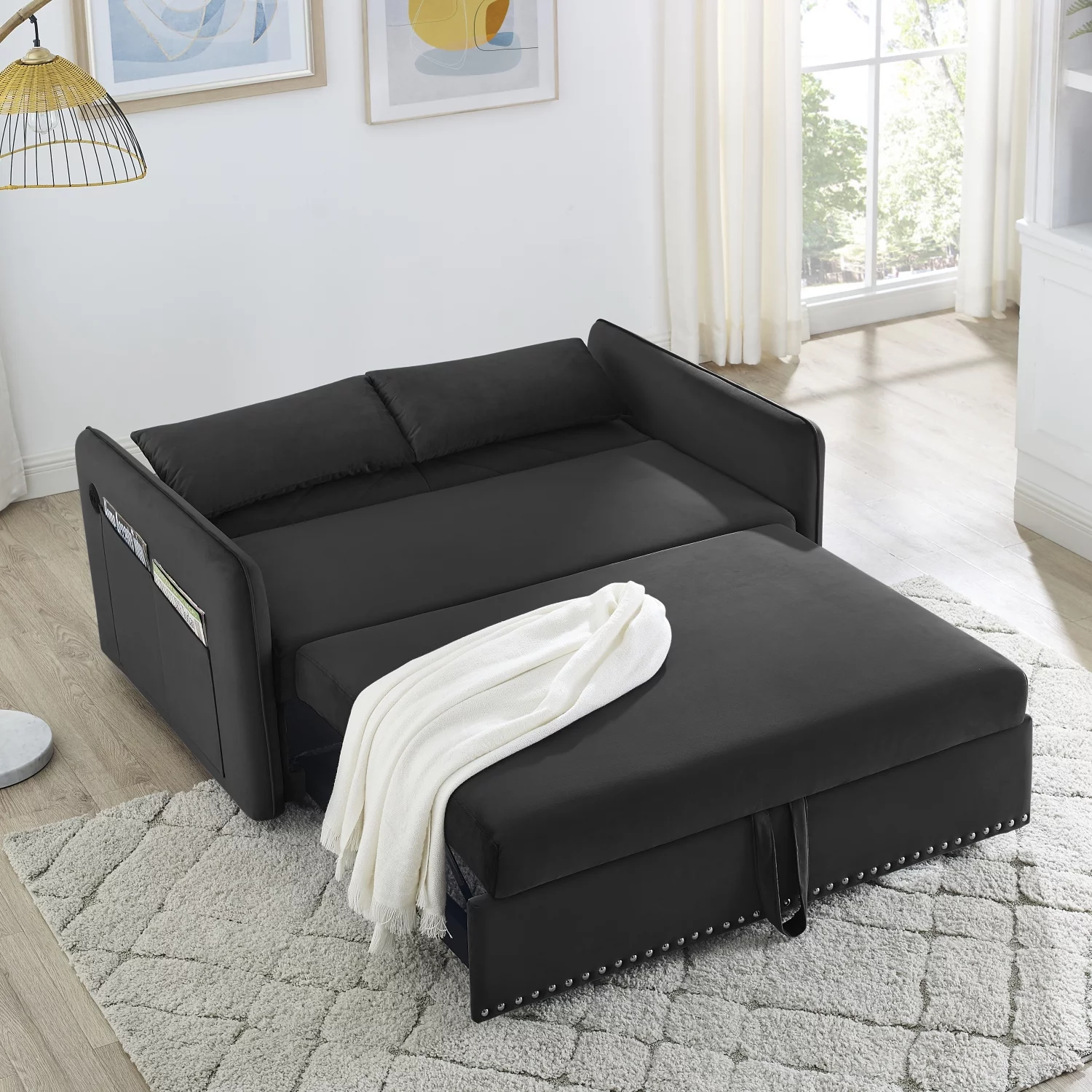 Holaki Pull-out Sofa Sleeper, 3-in-1 Adjustable Sleeper with Pull-out Bed, 2 Lumbar Pillows and Side Pocket, Soft Velvet Convertible Sleeper Sofa Bed, Black