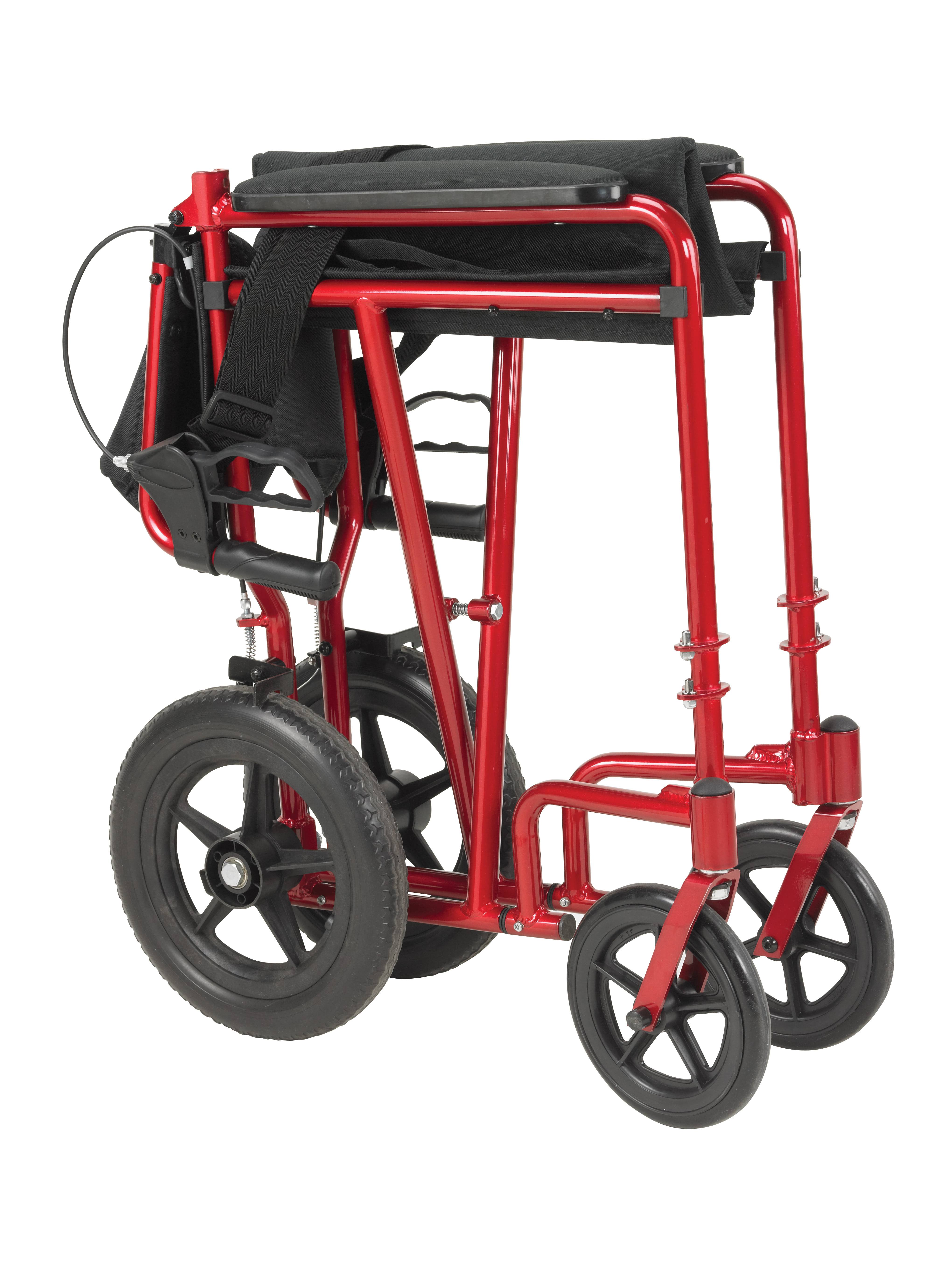 Drive Medical Lightweight Expedition Transport Wheelchair with Hand Brakes, Red/Black