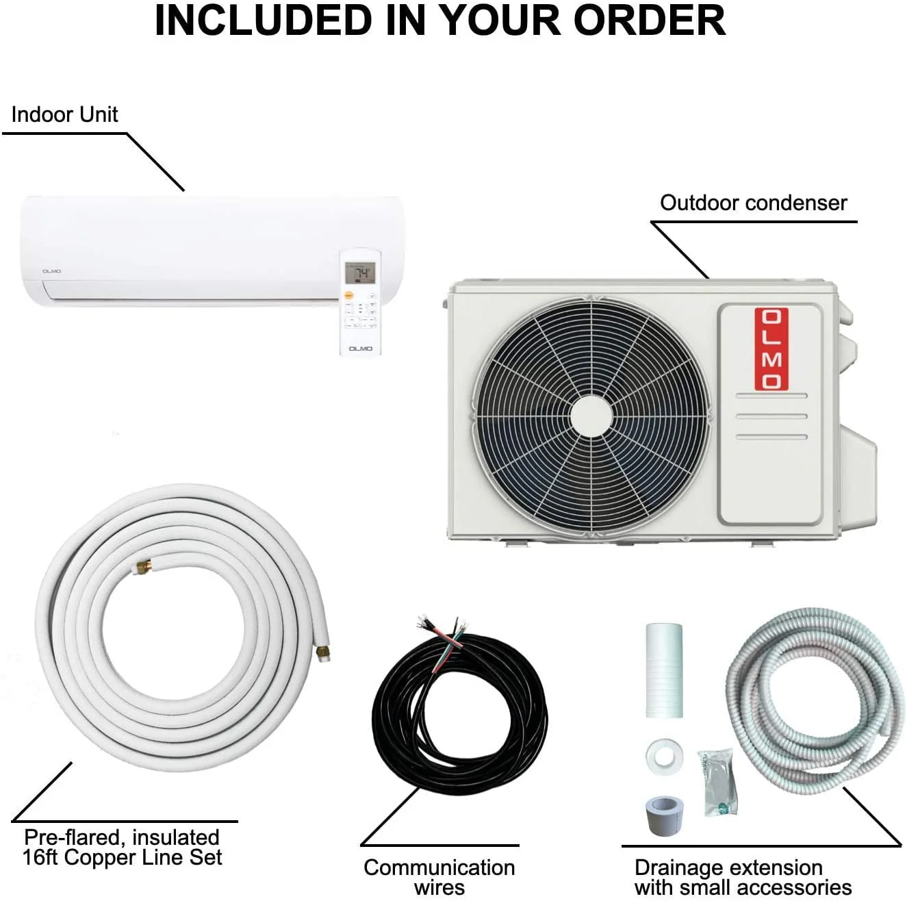 OLMO 9000 BTU 115V Wall Mounted Mini Split Heat Pump Air Conditioner With 16ft Kit Cover 400 Sq Ft