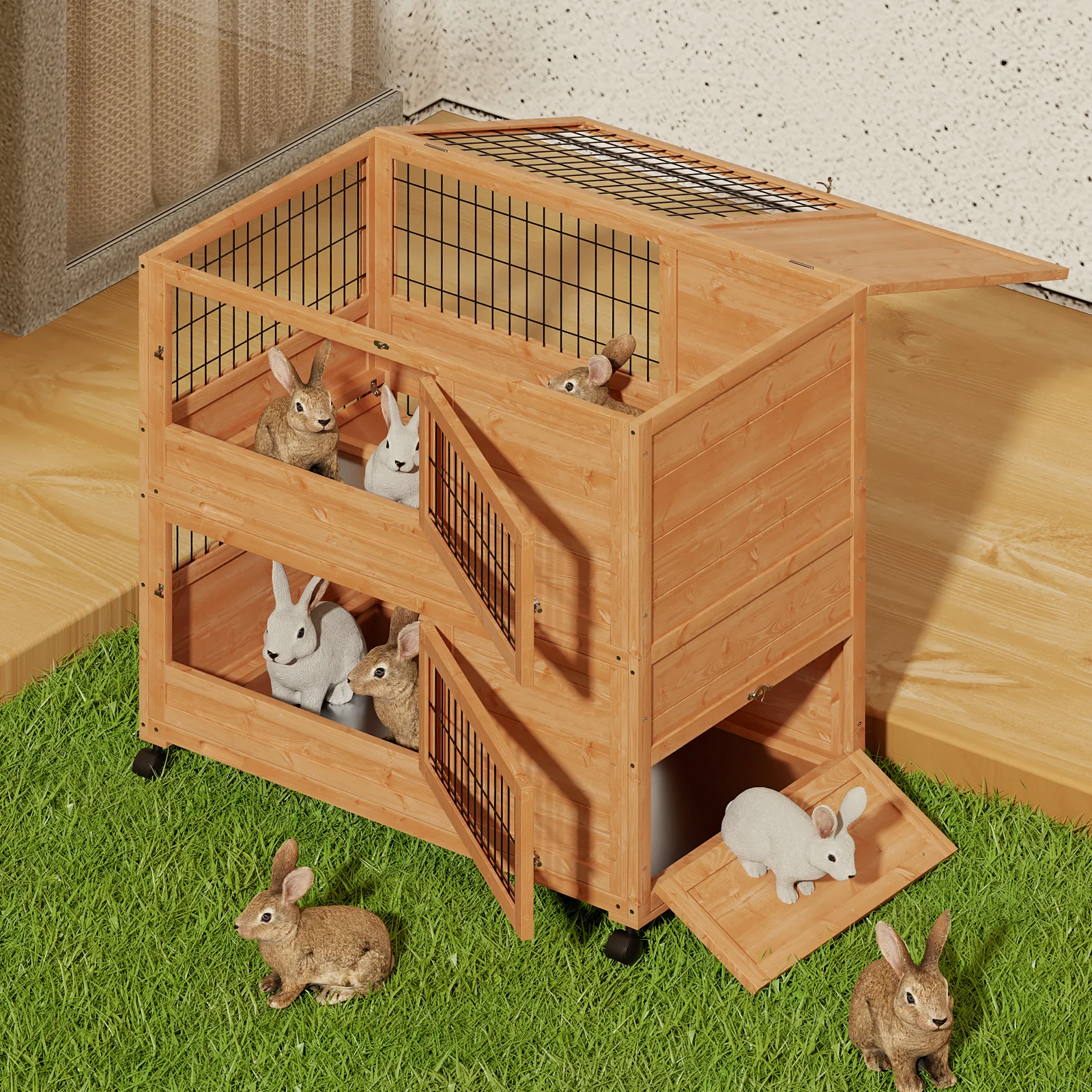 MoNiBloom 35.5" Wooden Rabbit Hutch w/2 Slide-Out Trays, Anti-Slip Ramp Bunny Cage w/4 Wheels, Natural - Curated Treasures Market
