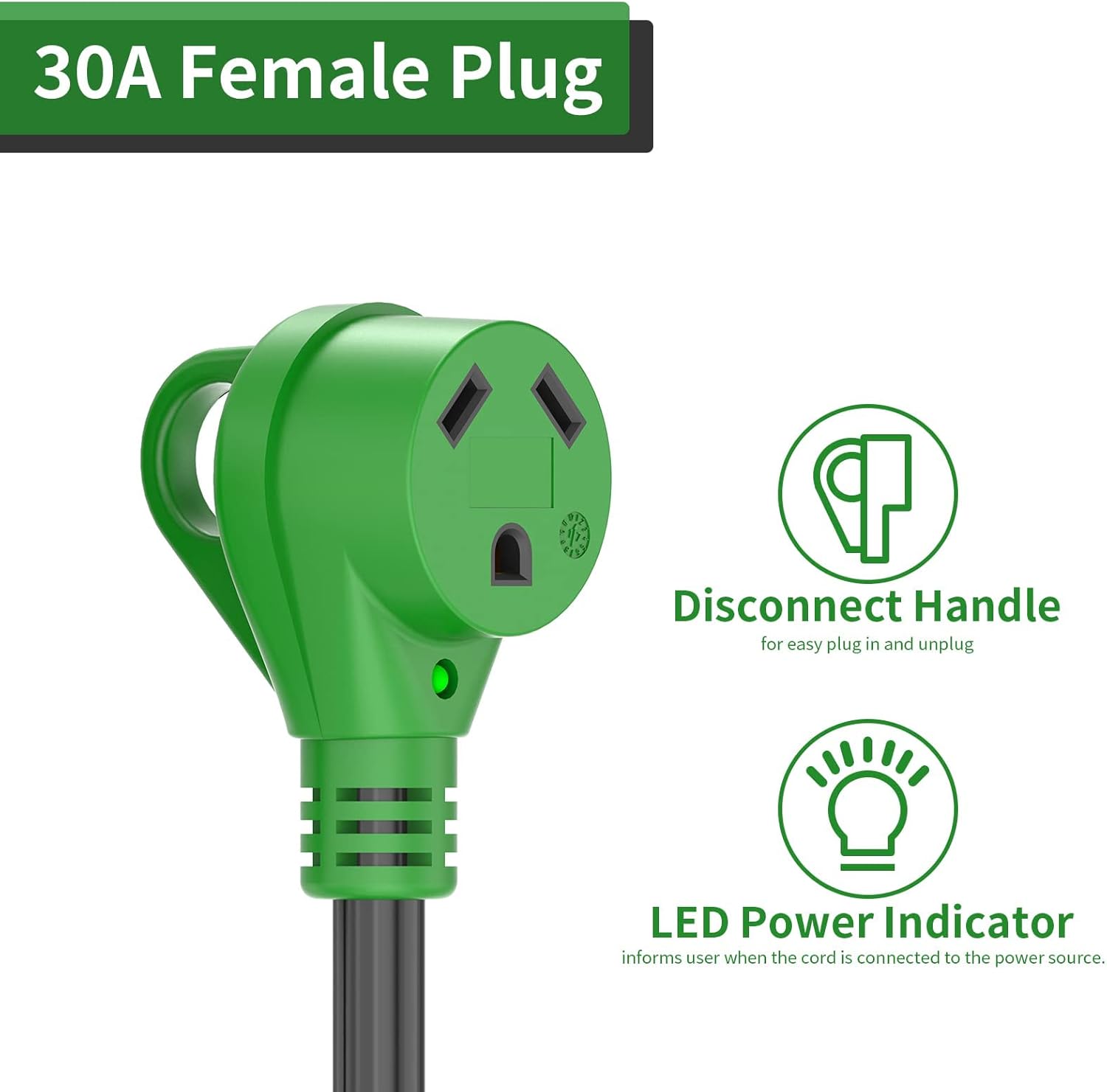 RVGUARD 4 Prong 30 Amp to 30 Amp RV Generator Adapter Cord 12 Inch, STW 10/3, L14-30P Locking Male Plug to TT-30R Female with LED Power Indicator, Green