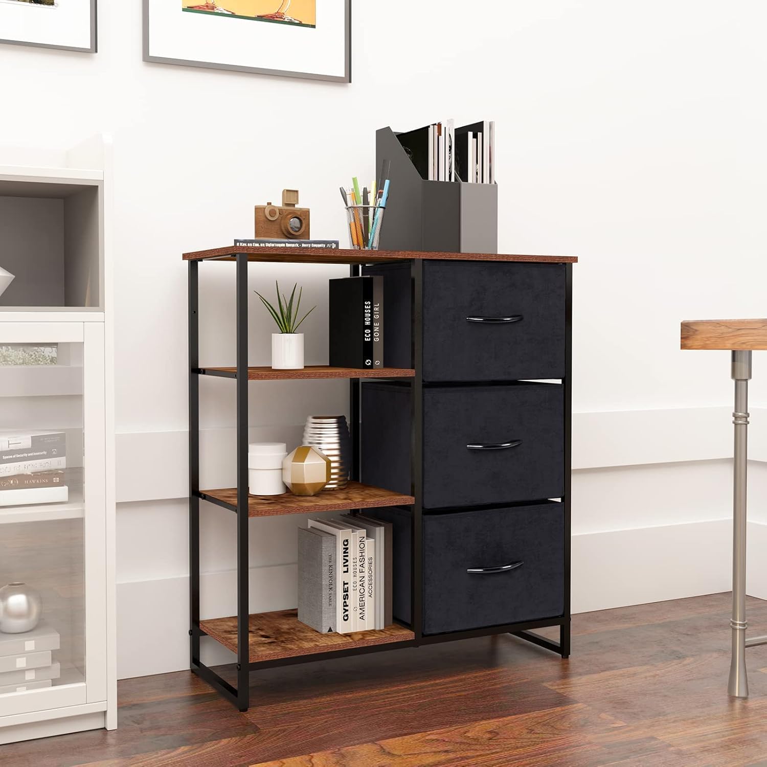 LYNCOHOME Dresser with 3 Drawers and Shelves, Storage Cabinet, Office Lateral File Cabinets, Shlef Storage Organizer for Bedroom, Livingroom, Office(Left Shelf)
