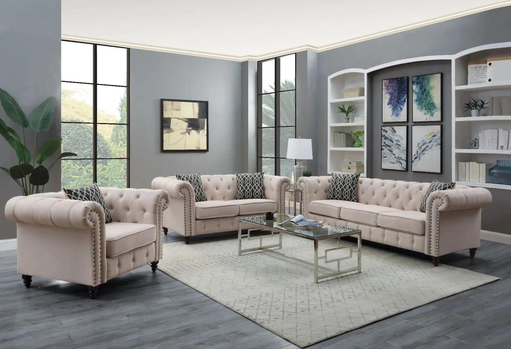 Traditional Tan Linen Sofa + Loveseat + Chair Acme Aurelia 52420-3pcs