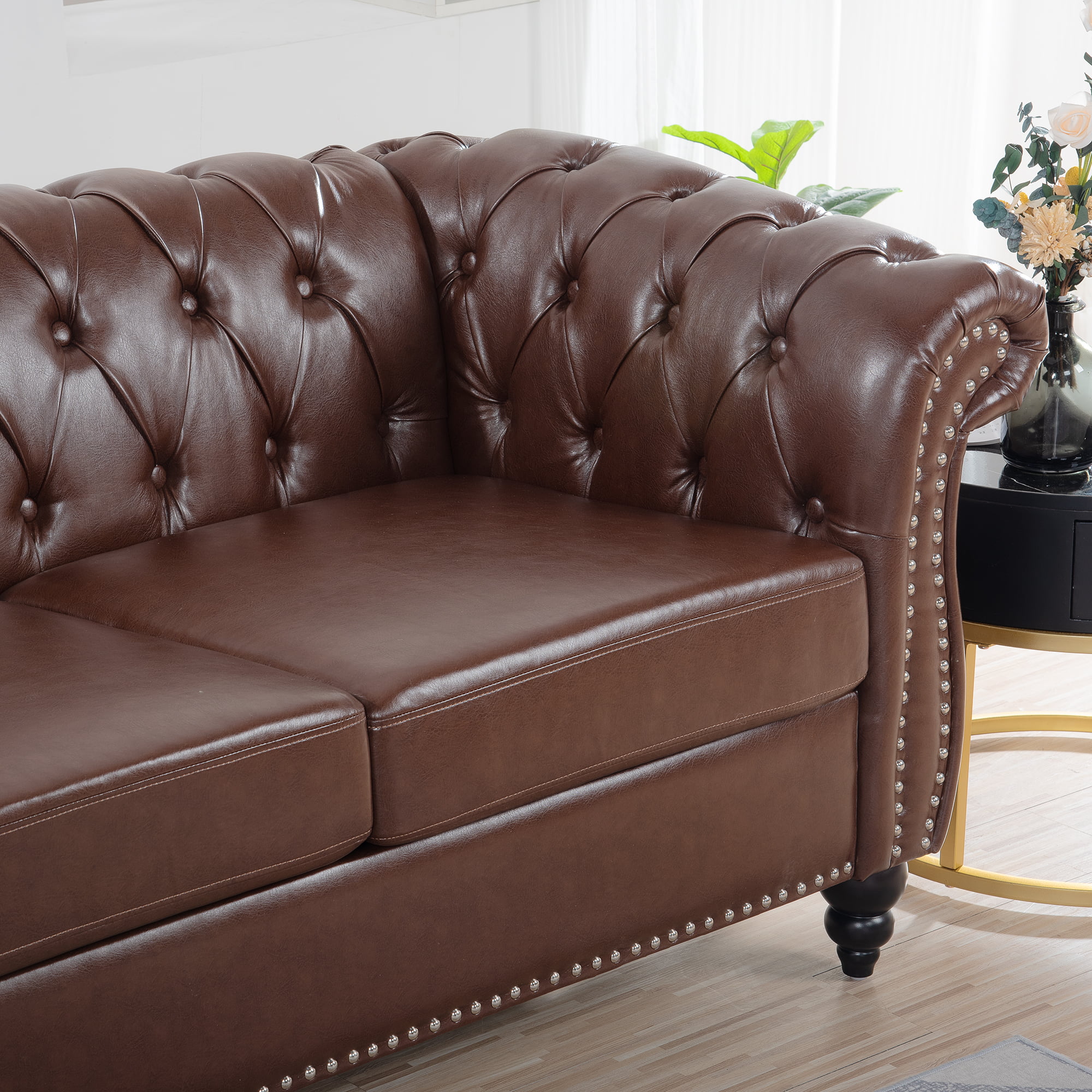 Chesterfield Sofas for Living Room, Rolled Arm 3-Seater Leather 84" Large Couch Deep Button Nailhead Tufted Black Upholstered Couches for Bedroom, Office Apartment (Dark Brown)