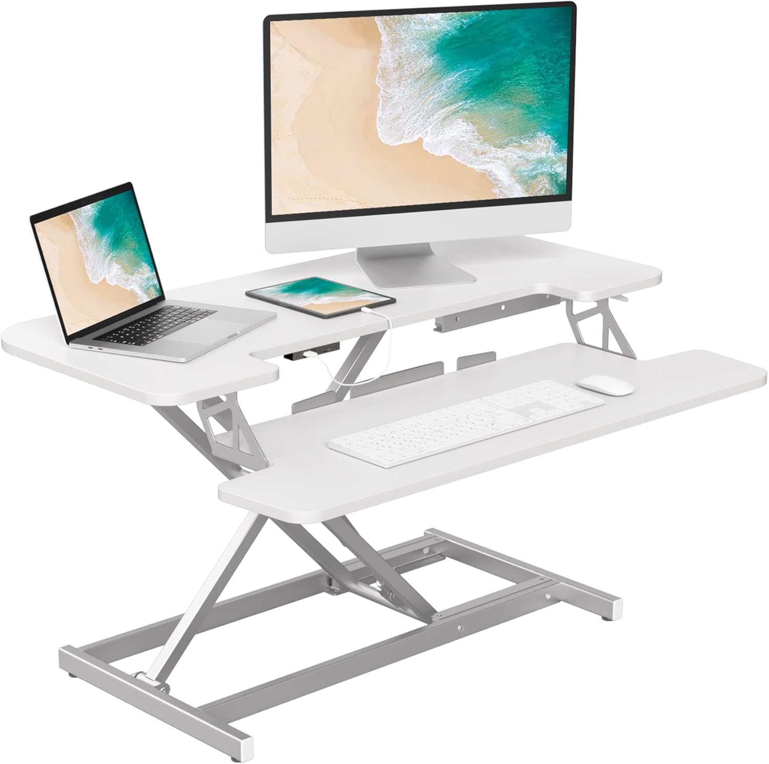 FEZIBO 28” Height Adjustable Standing Desk Converter with USB Charging Port, Quick Sit to Stand Tabletop Dual Monitor, Stand Up Desk Riser for Home Office, Rustic Brown