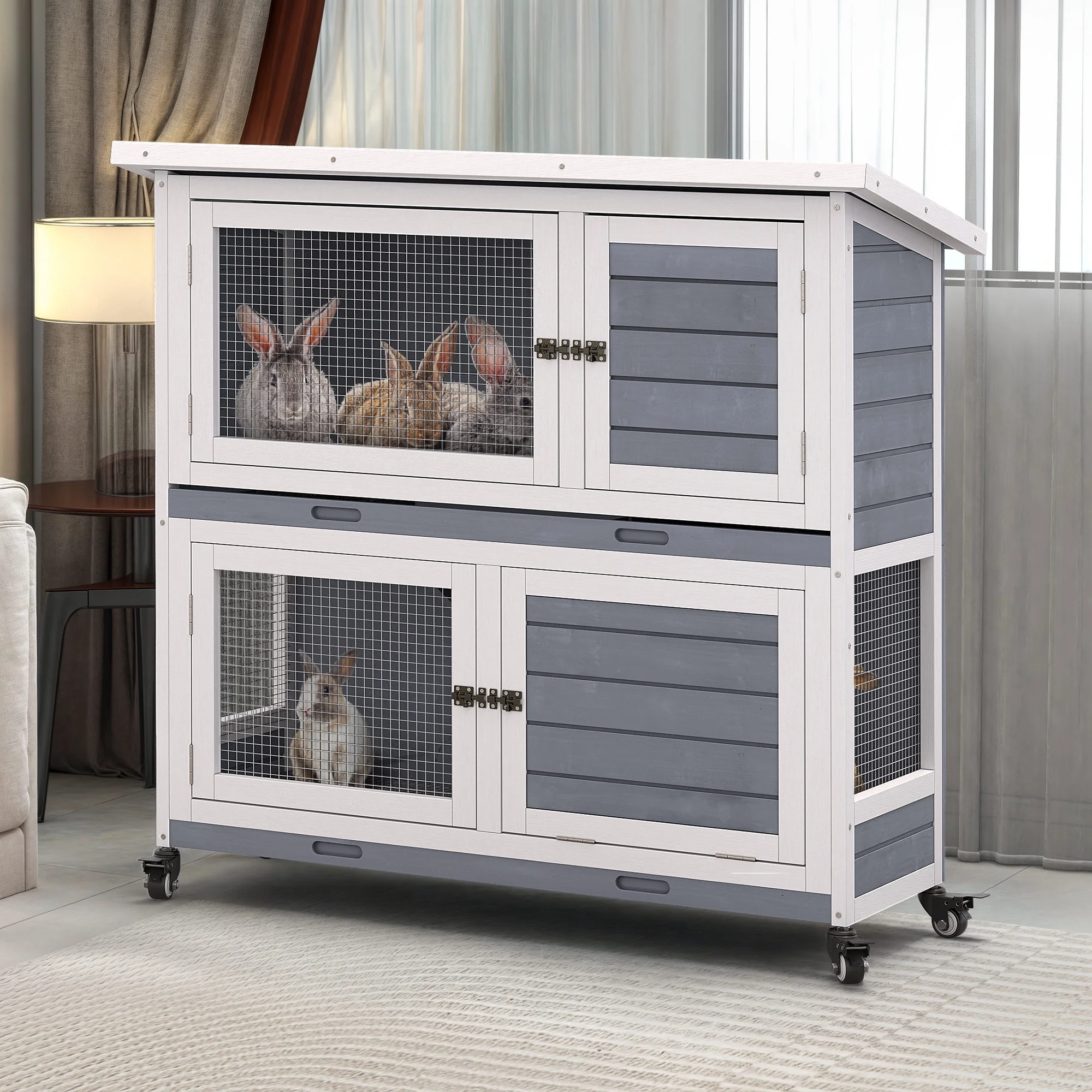 Dextrus Rabbit Hutch Bunny Cage Indoor Outdoor with Removable Tray and Wheels - Curated Treasures Market