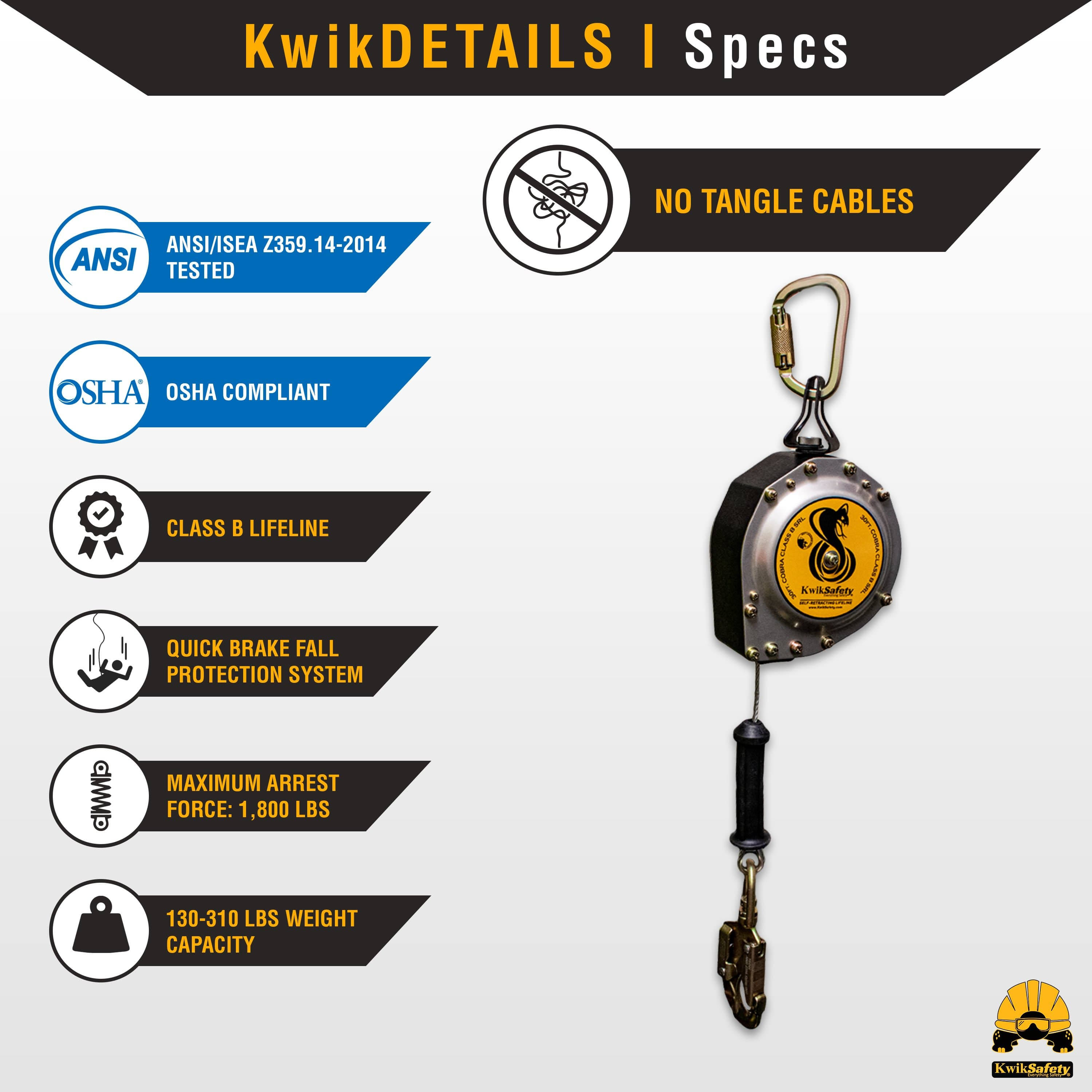 KwikSafety 20’ Cobra Self Retracting Lifeline ANSI Class B Cable SRL
