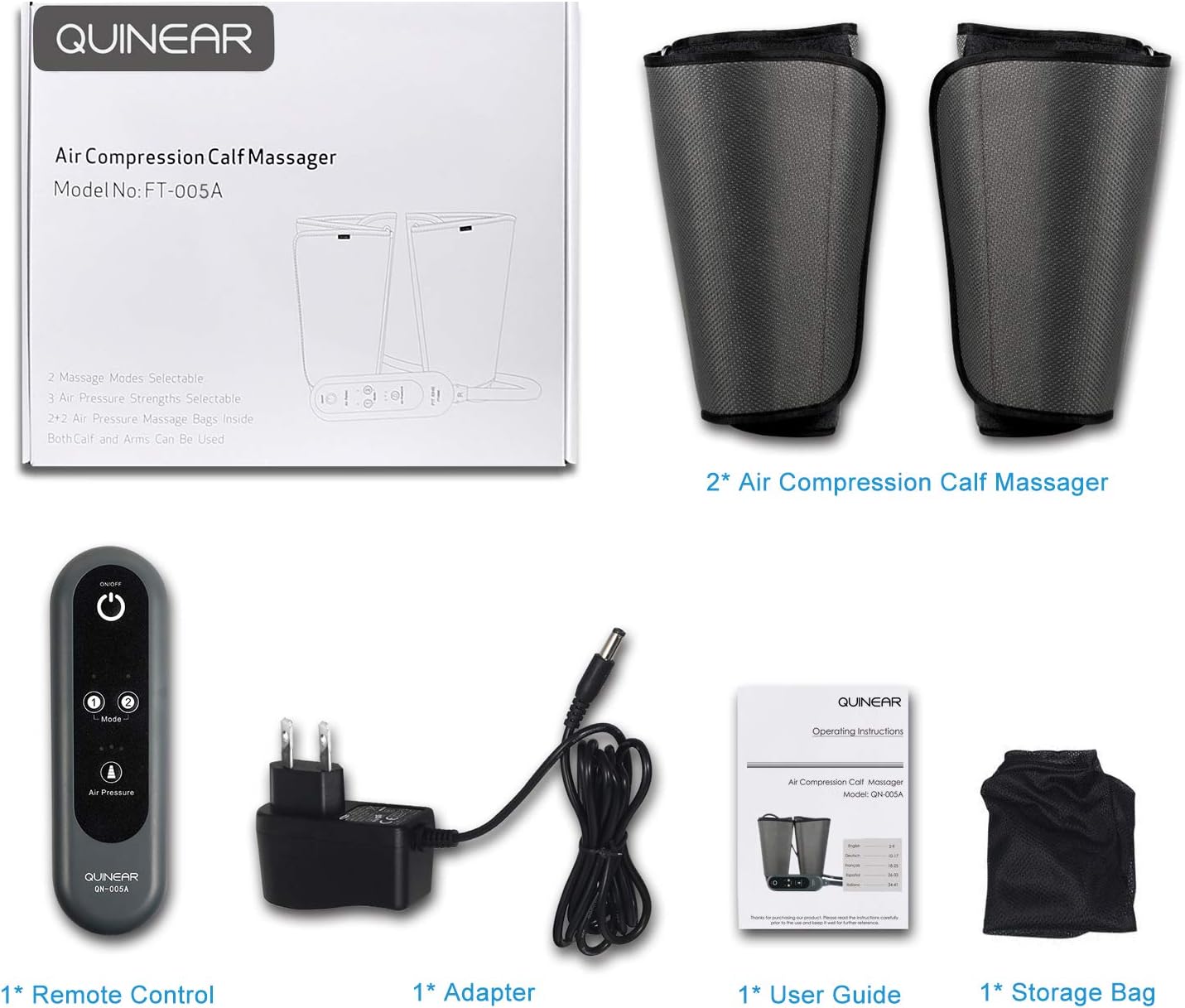 QUINEAR Leg Massager, Air Compression Calf Wraps Massager for Leg Circulation and Swelling Pain Relief 2 Modes 3 Intensities