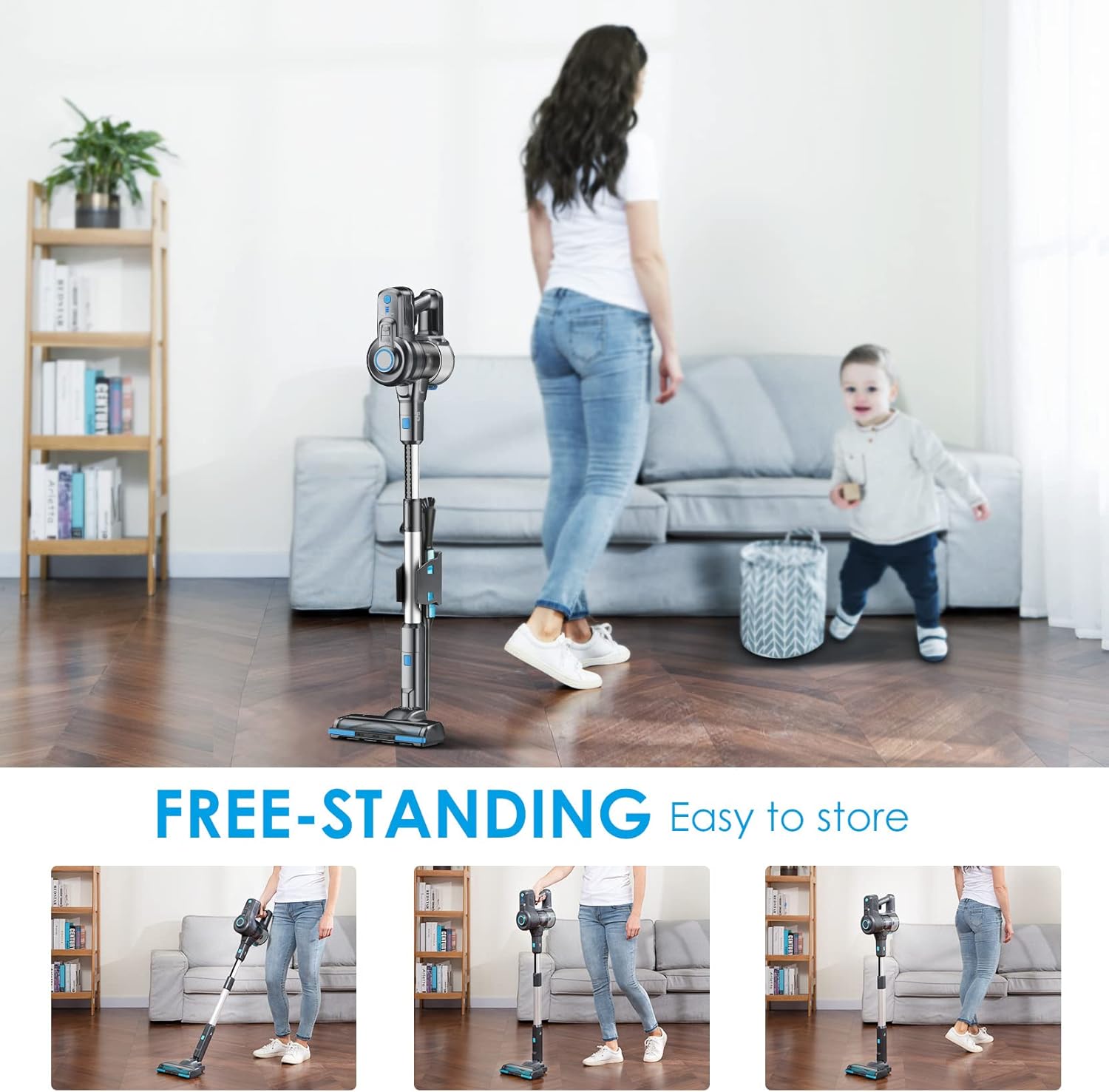 Oraimo Stick Vacuum, Cordless Vacuum Cleaner with Self-Standing, Cordless Stick Vacuum with 35 Mins Runtime Detachable Battery, 4 in 1 Lightweight Vacuum with LED for Hardwood Floor Carpet Marble Tile