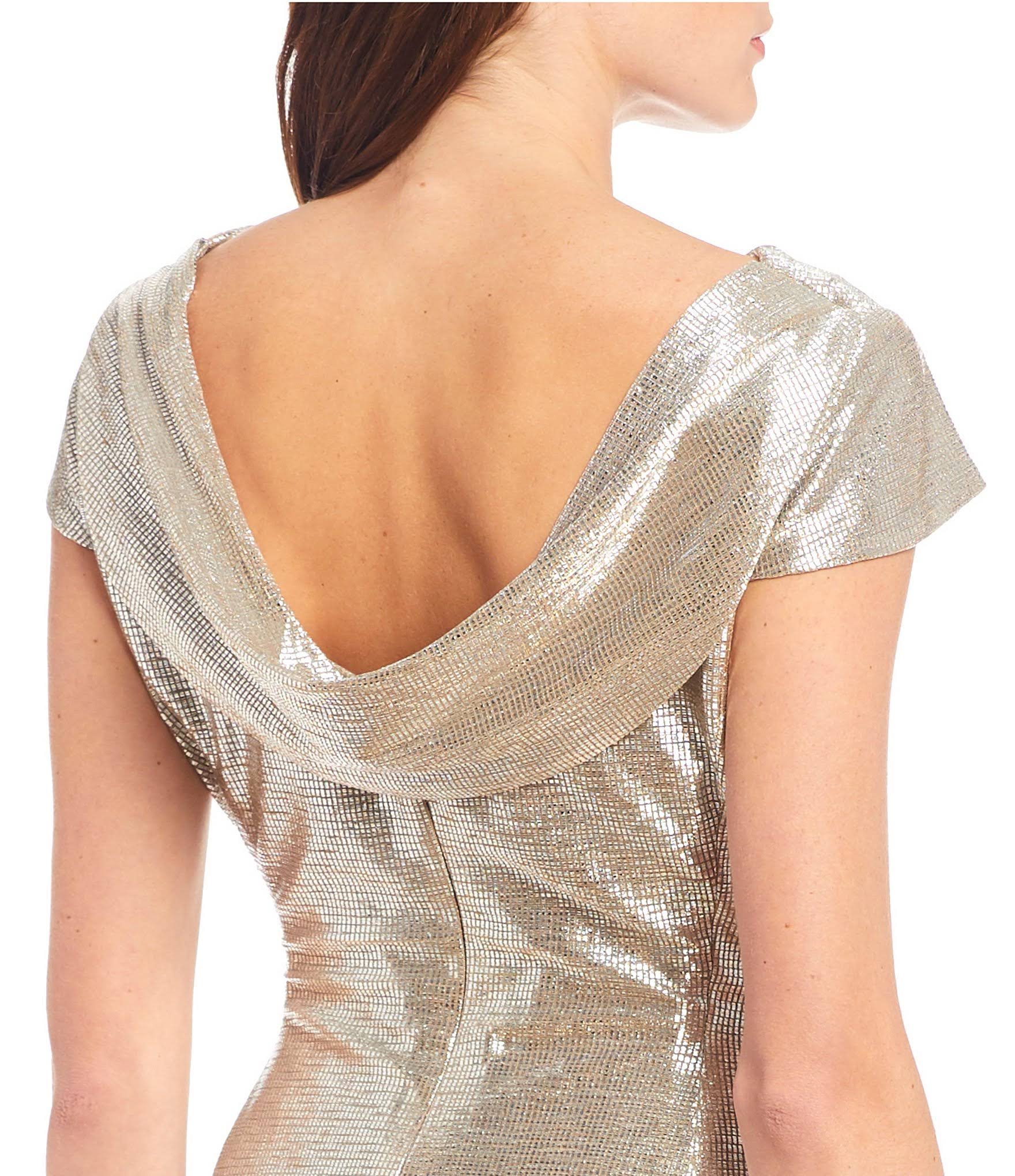 Tahari ASL Long Cap-Sleeve Metallic Knit Gown - 8