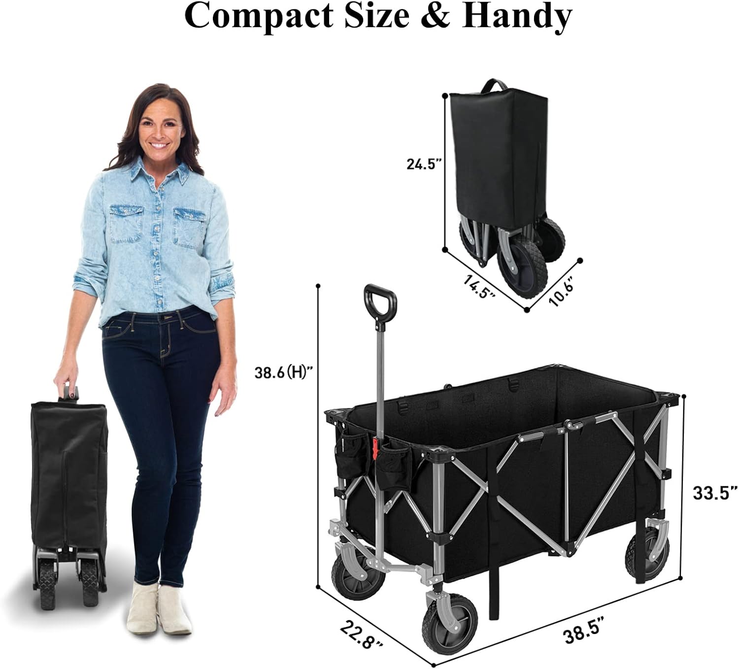 ROMISS Folding Wagon Cart Heavy Duty Collapsible Utility Wagon Outdoor Camping Garden Cart with Universal Wheels for Camping, Sports, Shopping - Black