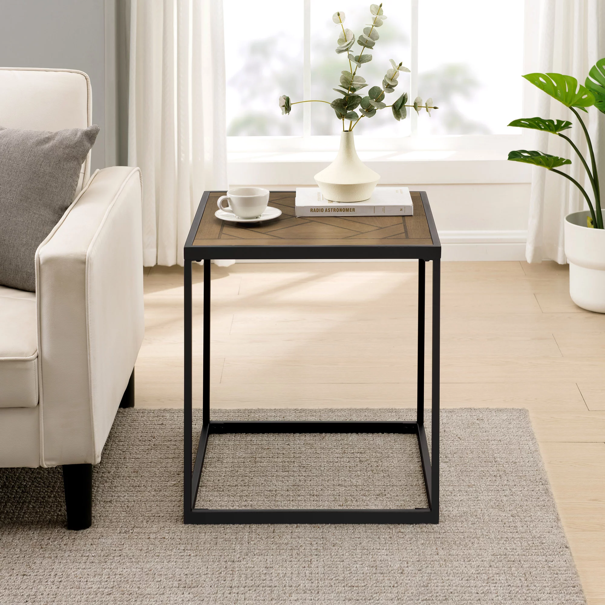 Walker Edison Urban 20" Parquet-Top Metal Square Side Table, Parquet Veneer