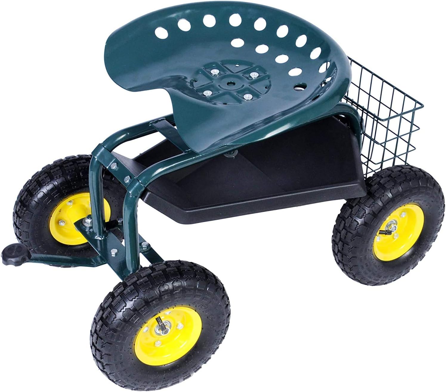 Dporticus Rolling Garden Steerable Tool Cart Scooter with Extendable Steer Handle,360 Swivel Seat and Tool Storage Basket, Green