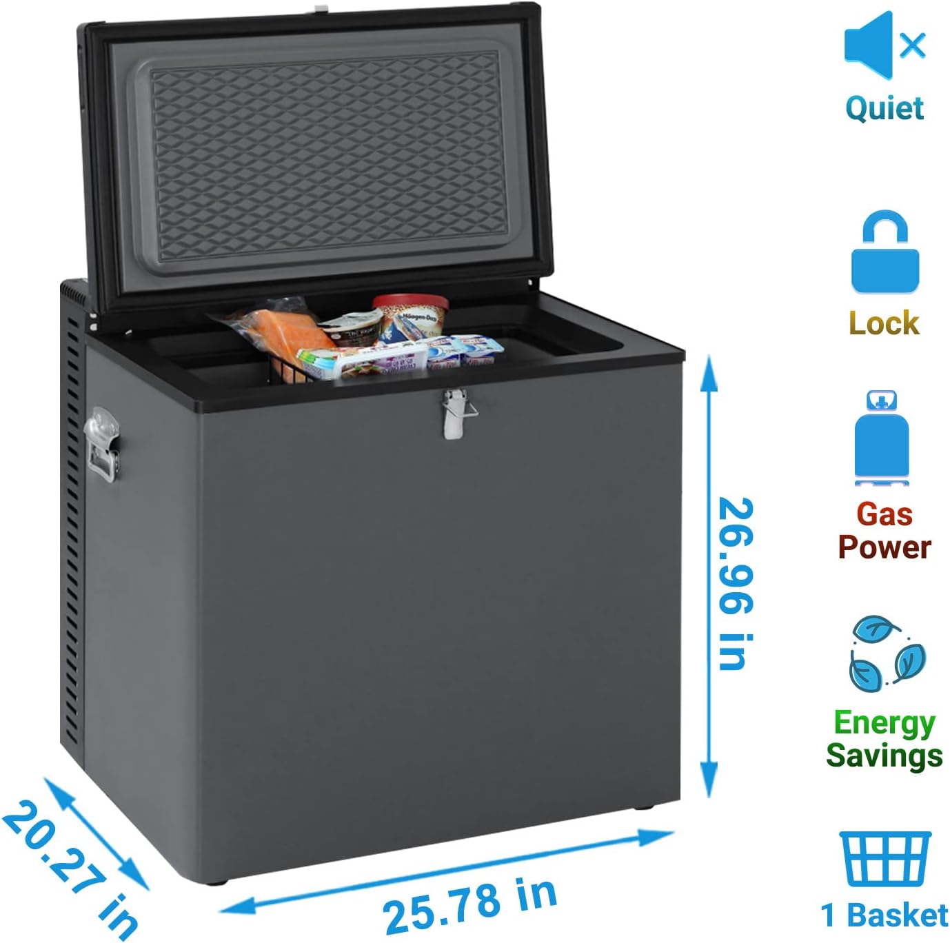 2.4 Cu.Ft Portable Propane Freezer/Fridge, 110V/12V/LPG Small Gas Chest Freezer/Refrigerator with Lock, 3 Way Deep Freezer for Camping, Pulse Ignition, RV, Truck, Outdoor, Off Grid, Black