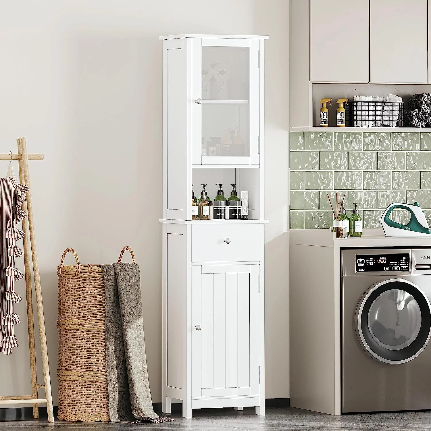 YINCHEN Tall Bathroom Floor Cabinet with Glass Doors, Narrow FreeStanding Storage Cabinet with Adjustable Shelf, Wooden Bathroom Storage Cabinet, Pantry with Drawer, White BMGZ105W